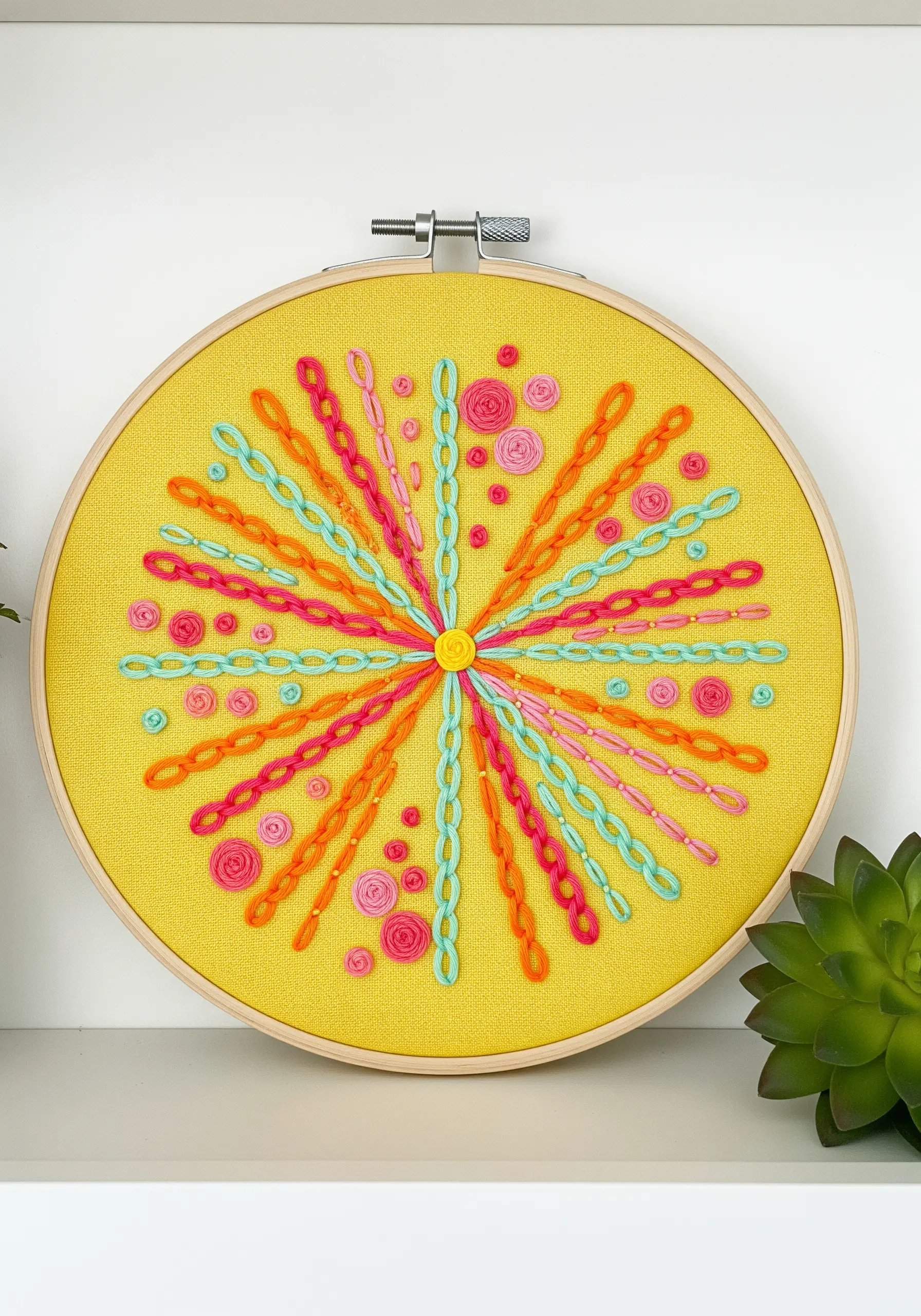 A joyful sunburst of pink, orange, and turquoise chain stitches and woven wheels on yellow fabric.