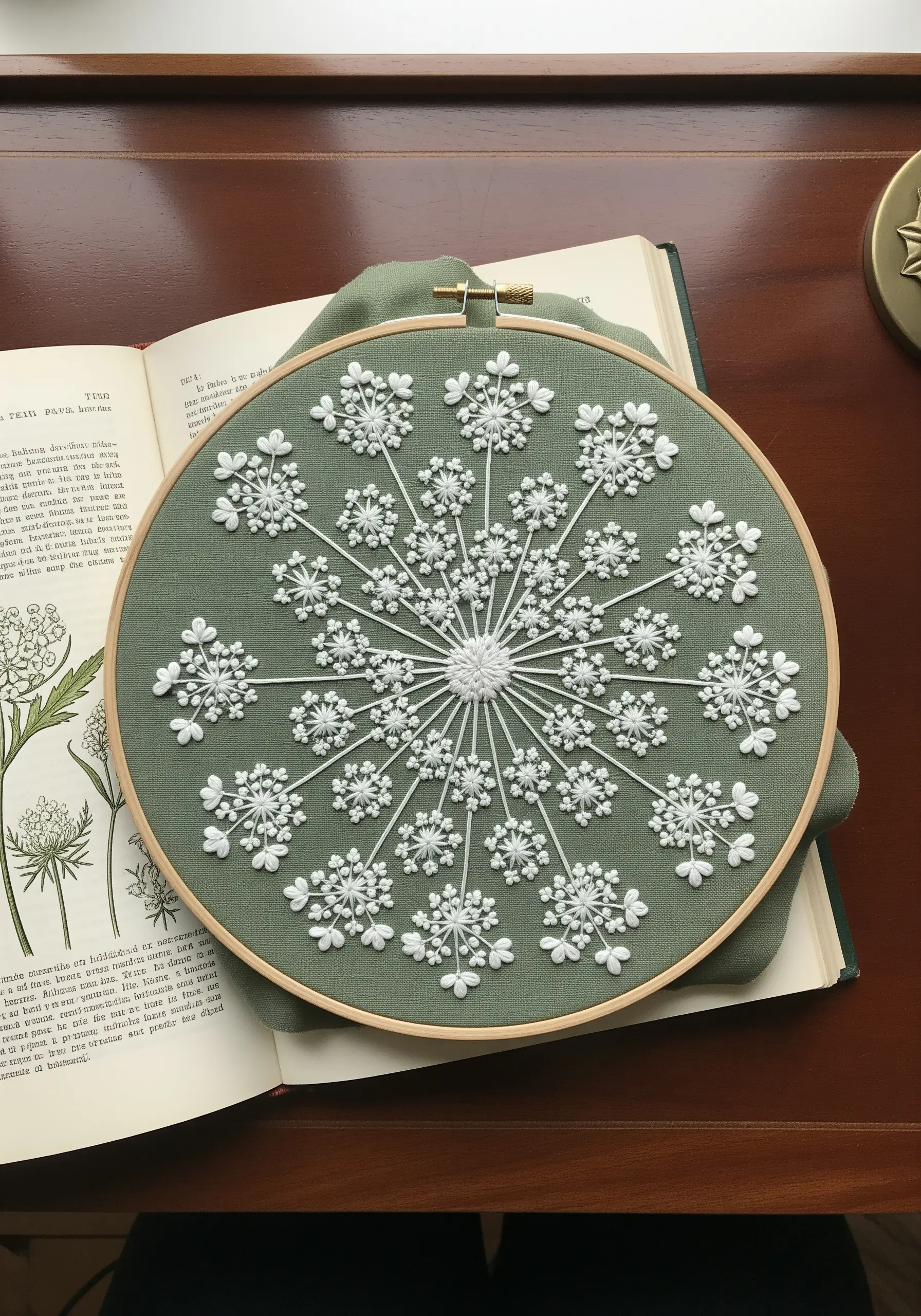 Delicate Queen Anne's Lace embroidered with white French knots on a sage green background.
