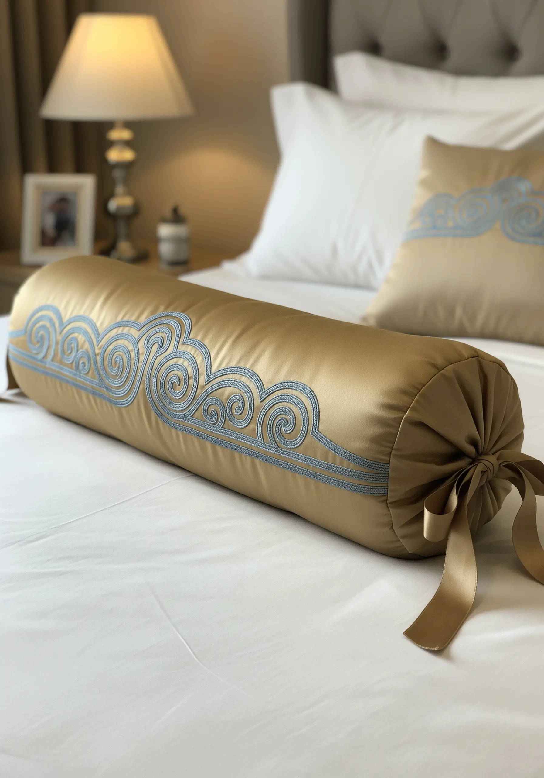 Blue and silver cloud scroll motifs couched onto a gold satin bolster cushion