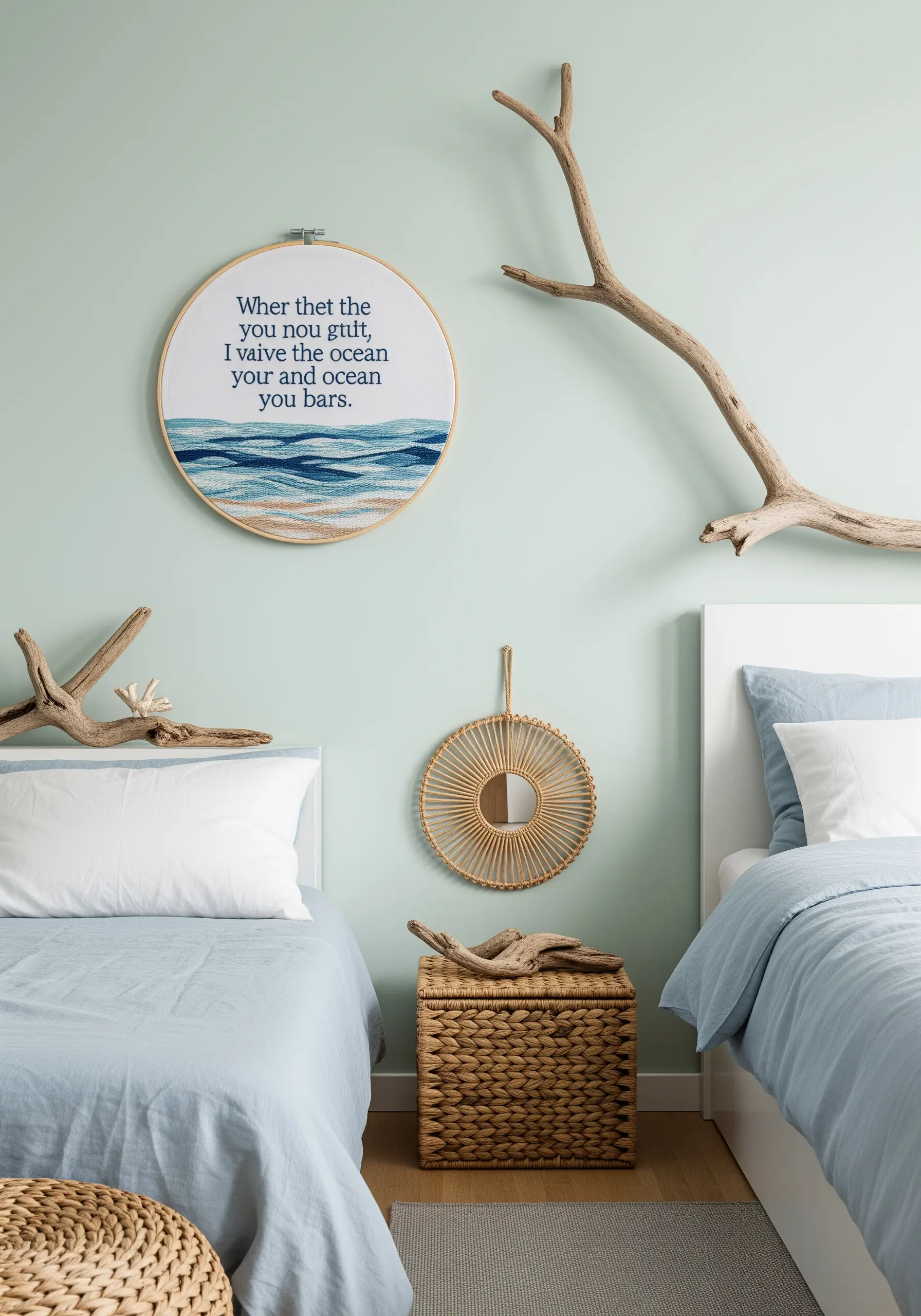 Embroidered quote above a textural landscape of stitched ocean waves and a sandy shore.