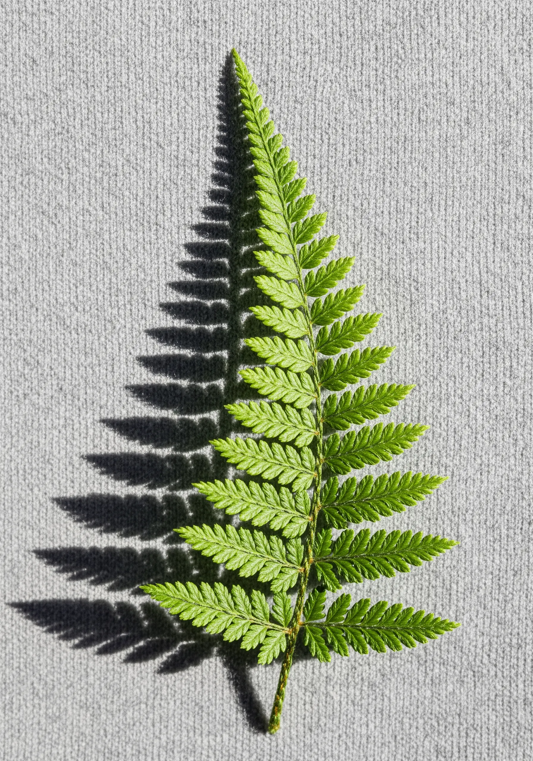 A real green fern frond casting a detailed, intricate shadow on a gray knit fabric.