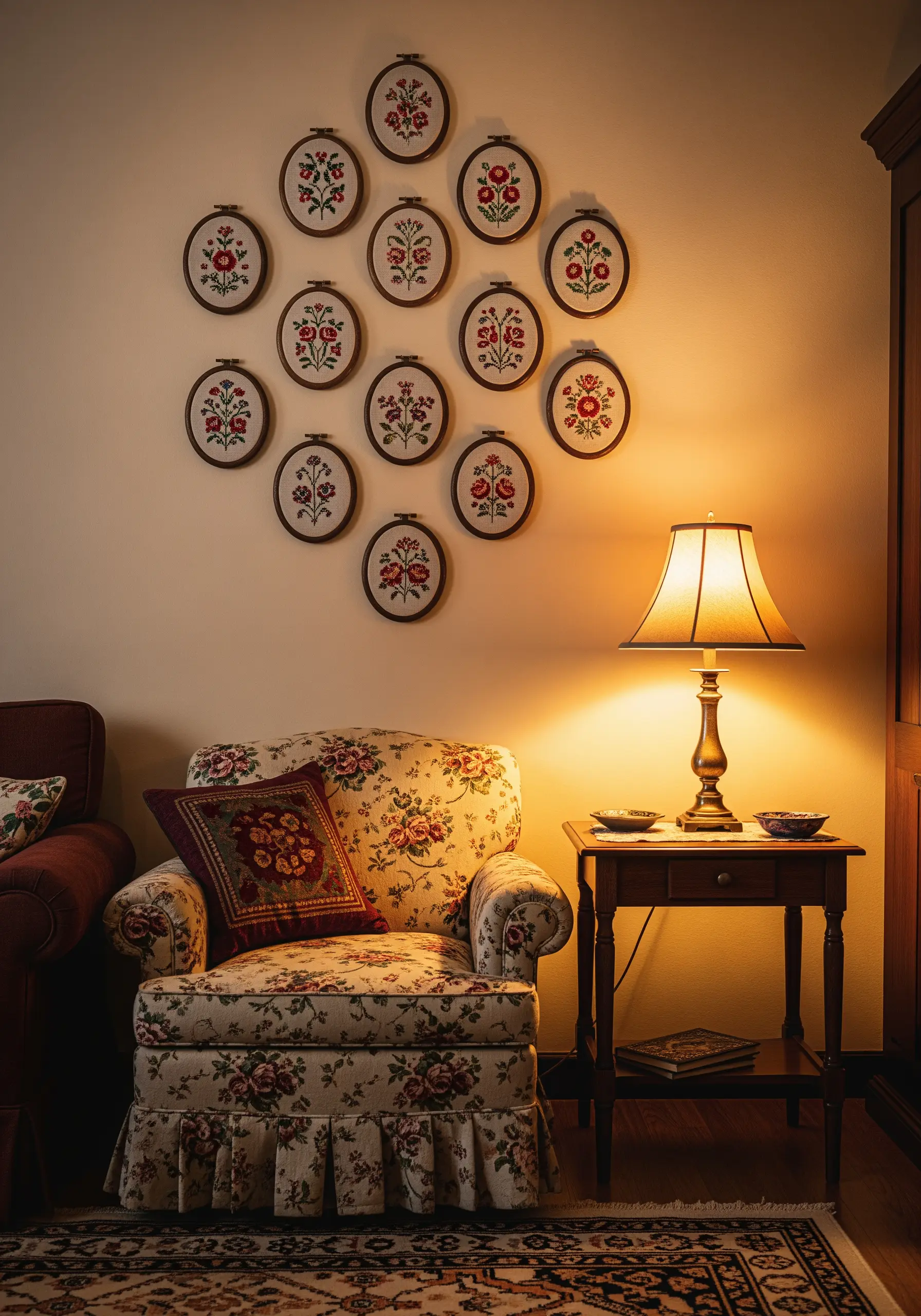 A collection of embroidery hoops with symmetrical, traditional folk art floral designs.