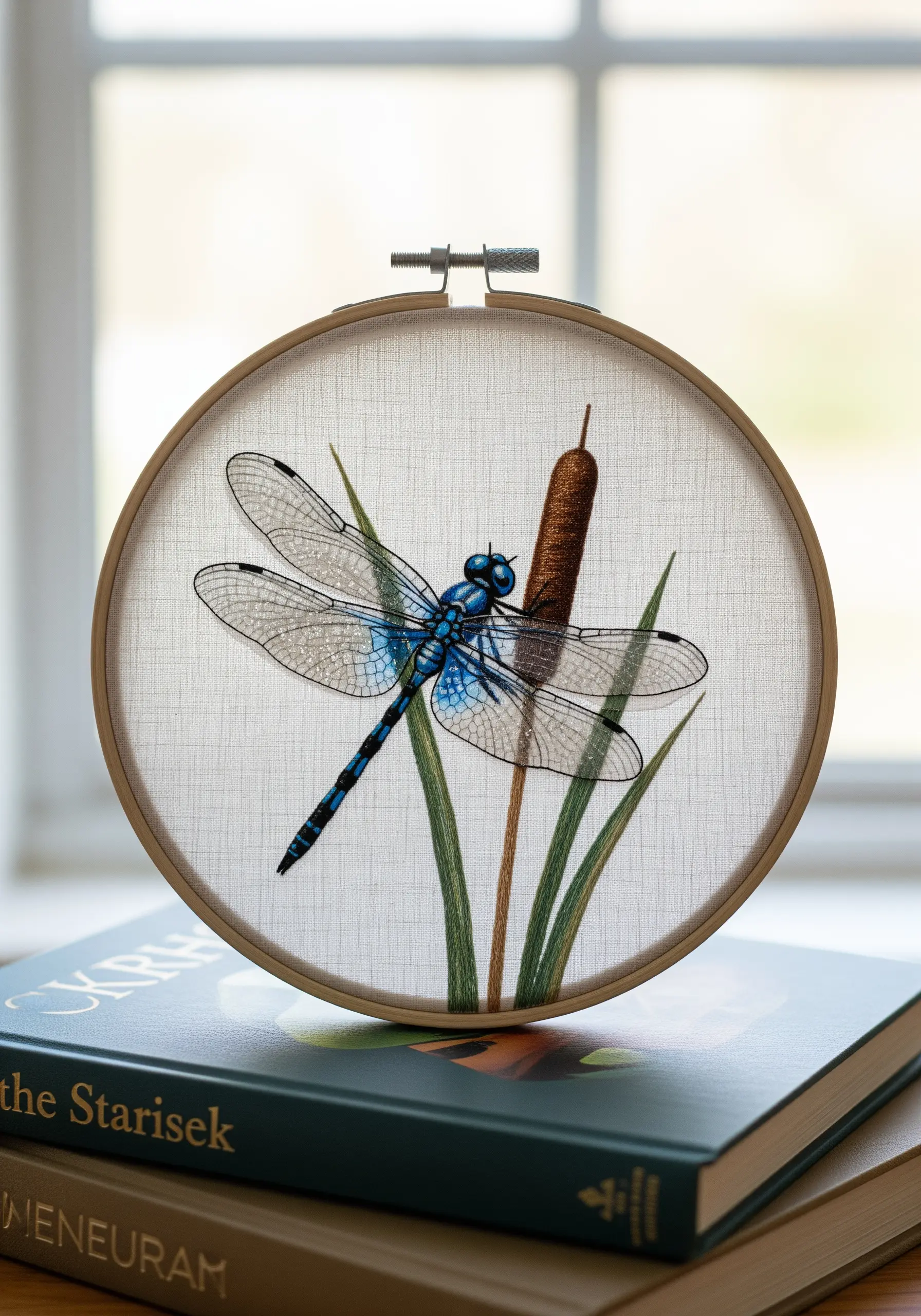 A dragonfly with sheer, transparent wings embroidered on organza, creating a delicate effect.