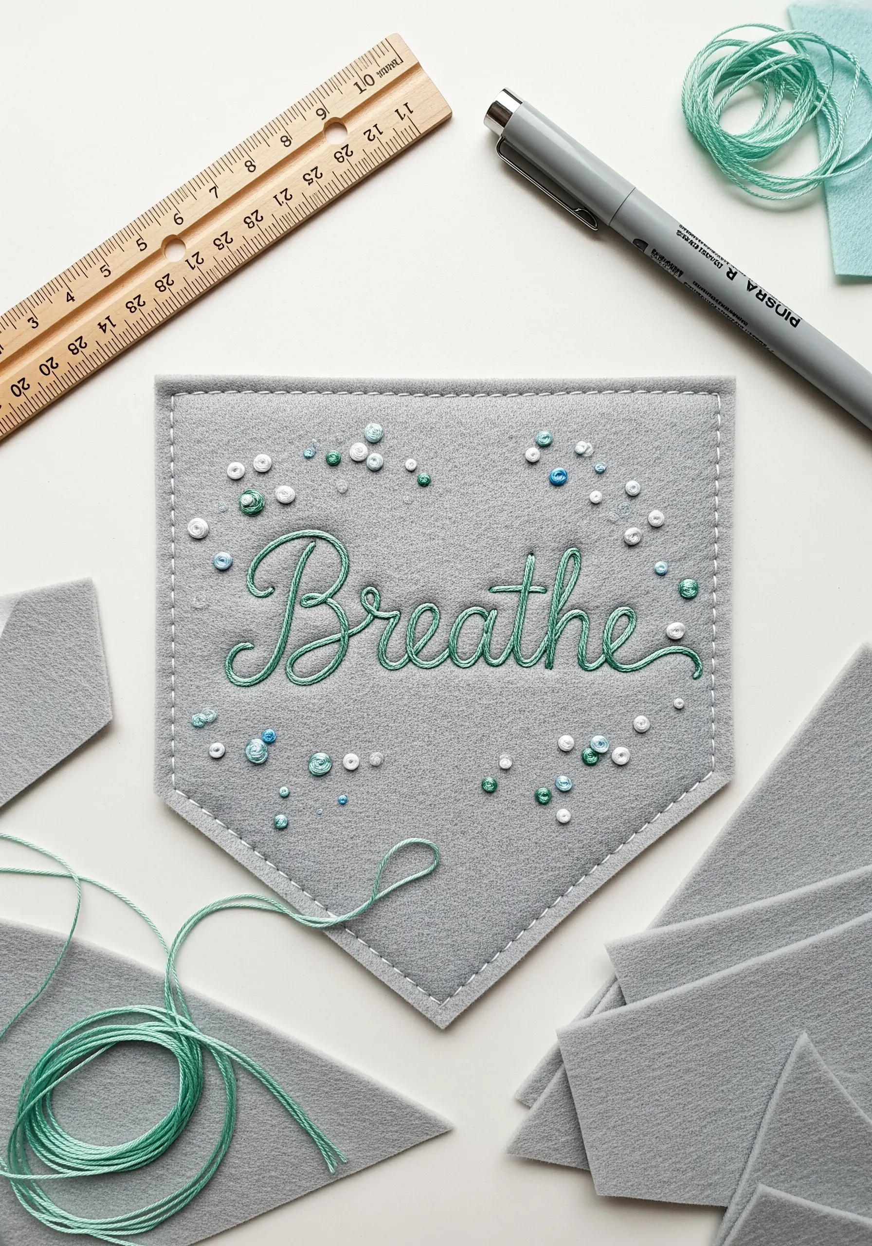 A small grey felt banner with the word 'Breathe' stitched in teal thread, surrounded by beads.