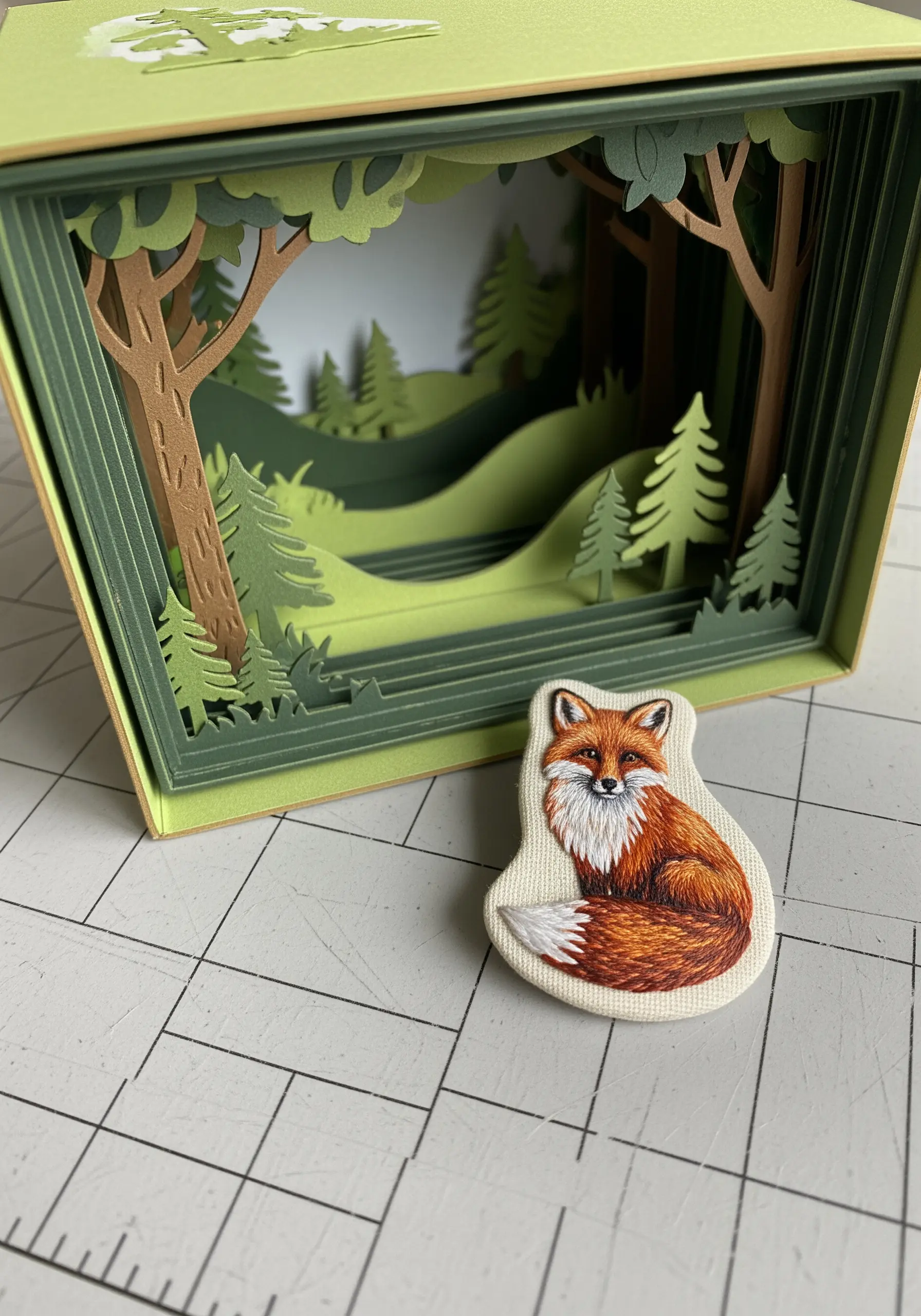 A thread-painted fox patch beside a layered green paper forest diorama.