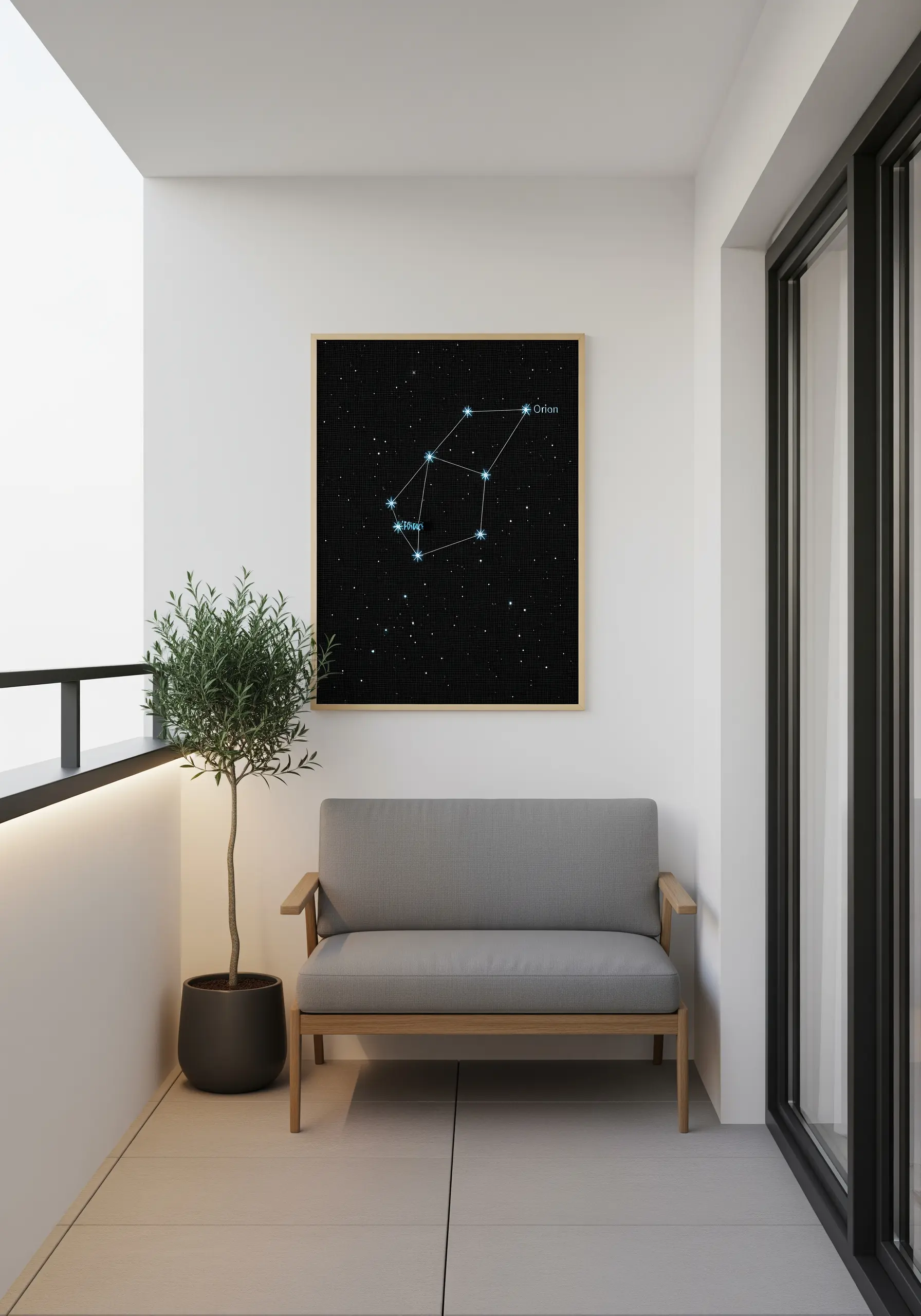 Framed embroidery of the Orion constellation on a minimalist balcony.