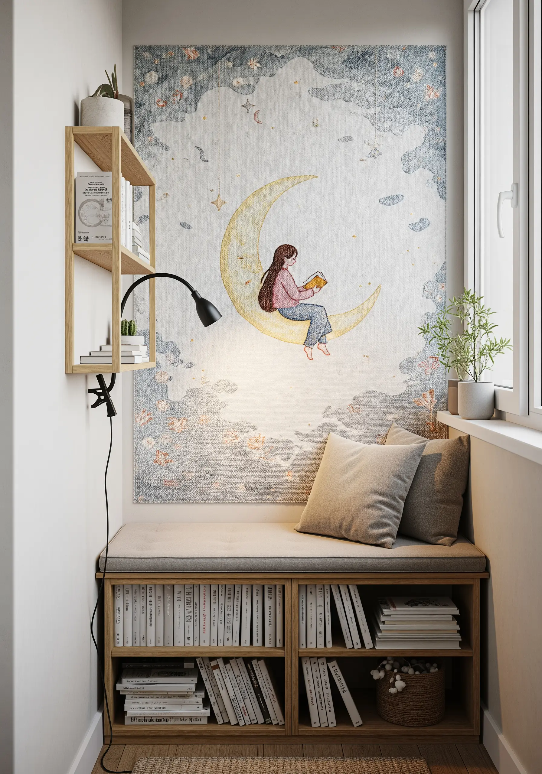A large embroidery of a girl reading on the moon, with a watercolor effect.