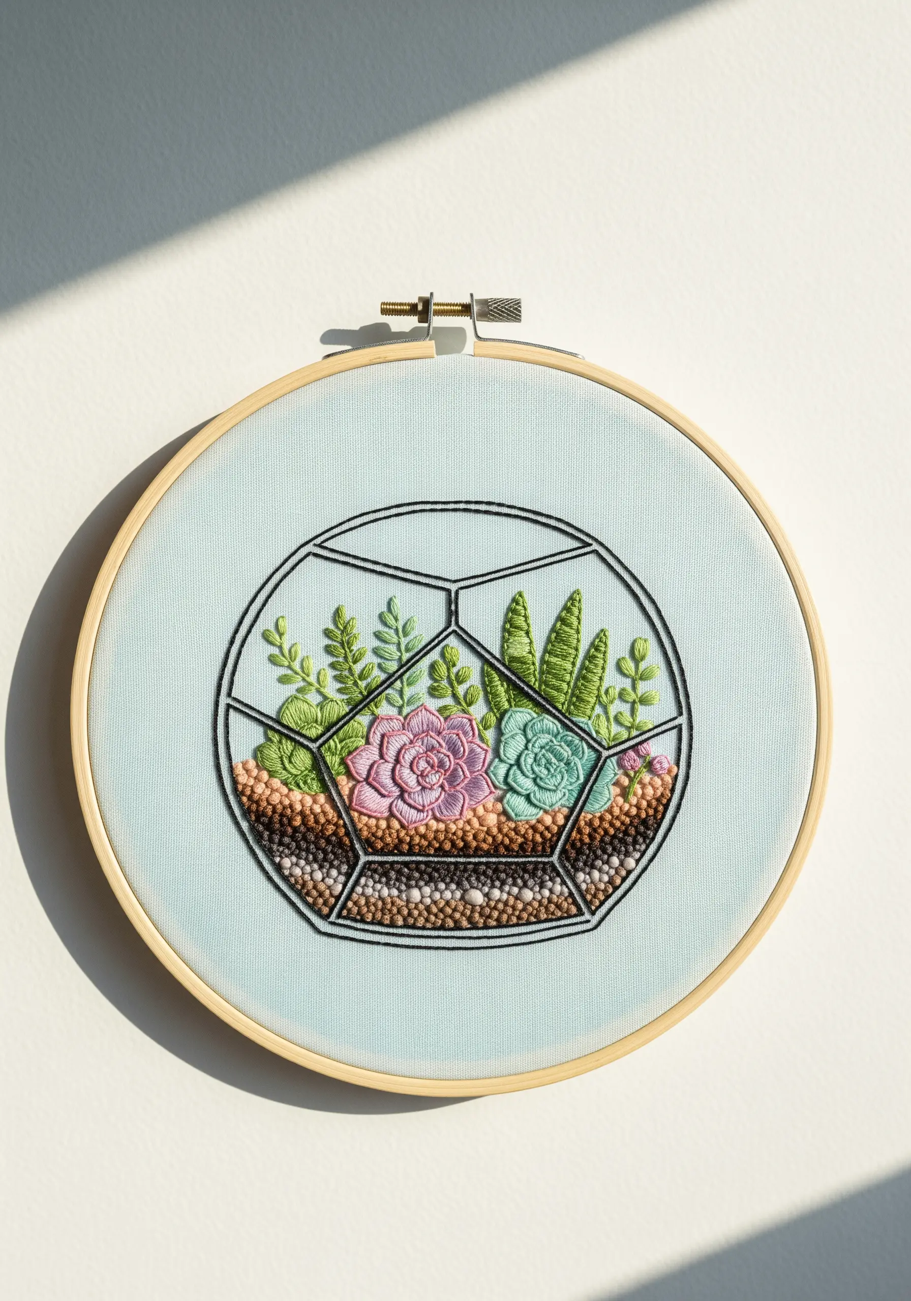 Embroidered terrarium with dimensional succulents and French knot gravel on light blue fabric.