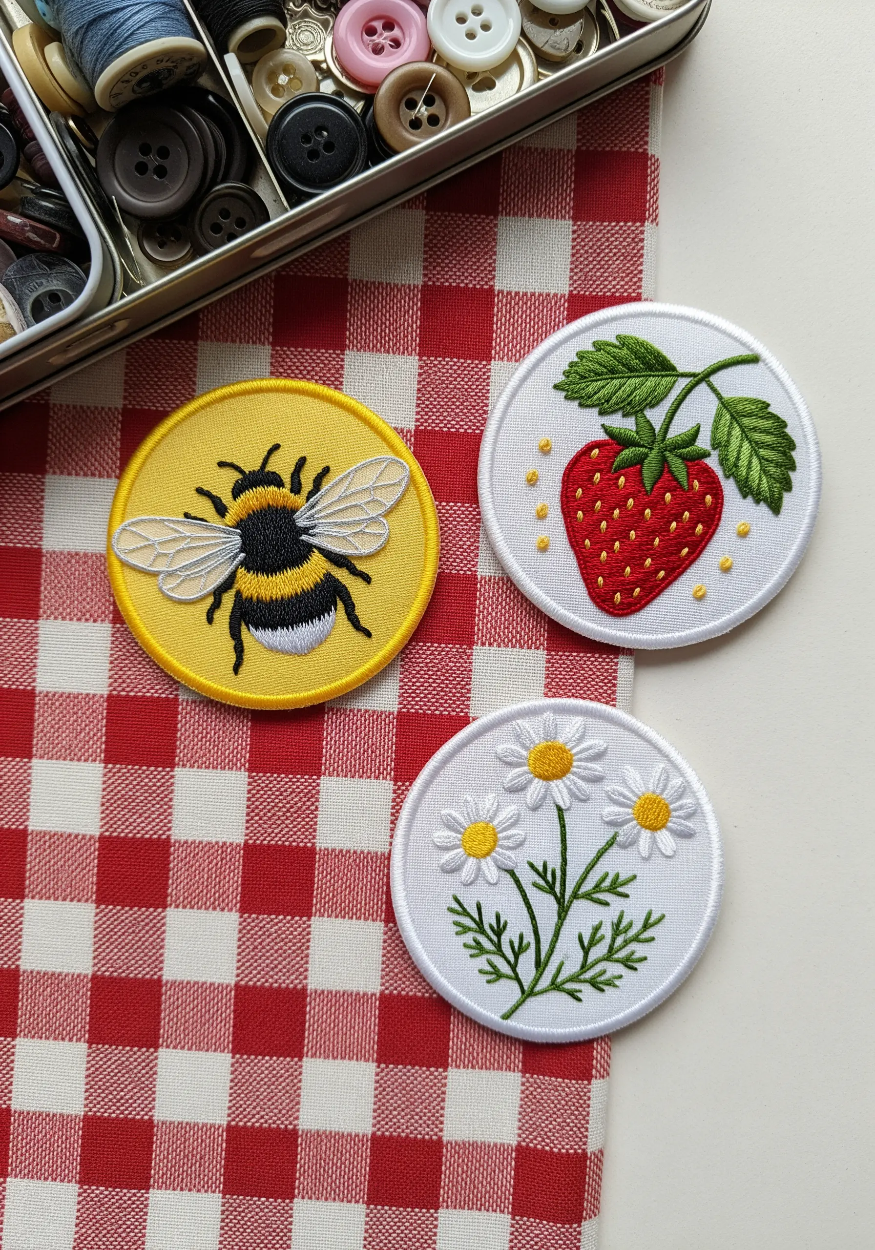 A set of three embroidered patches: a bumblebee, a strawberry, and daisies.