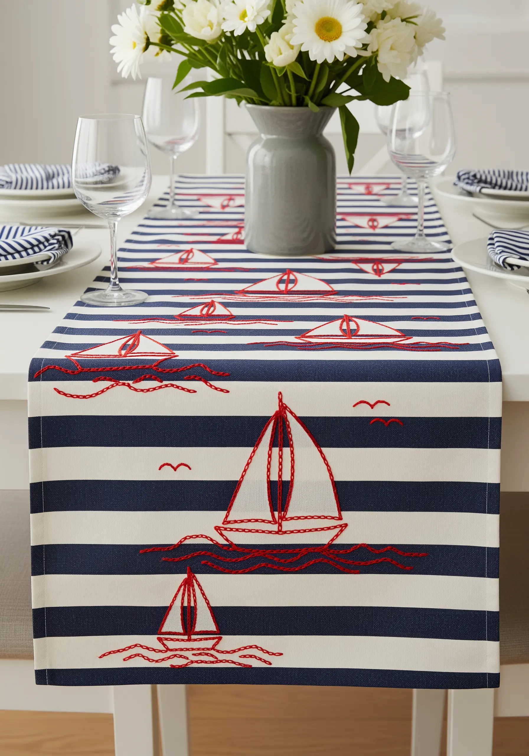 Red line-art embroidery of sailboats and waves on a navy and white striped table runner.