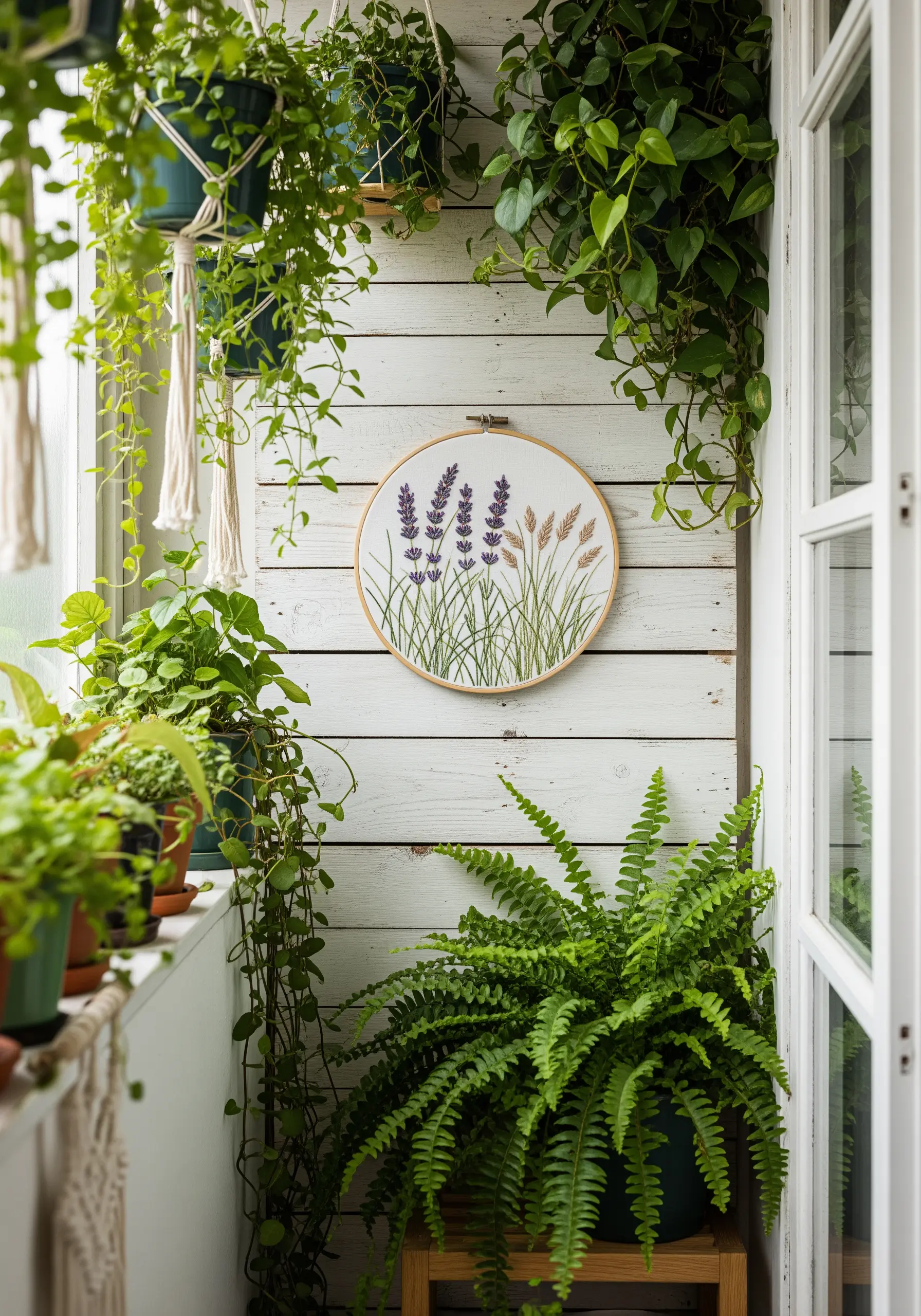 Hoop art with embroidered lavender and dune grass on off-white fabric.