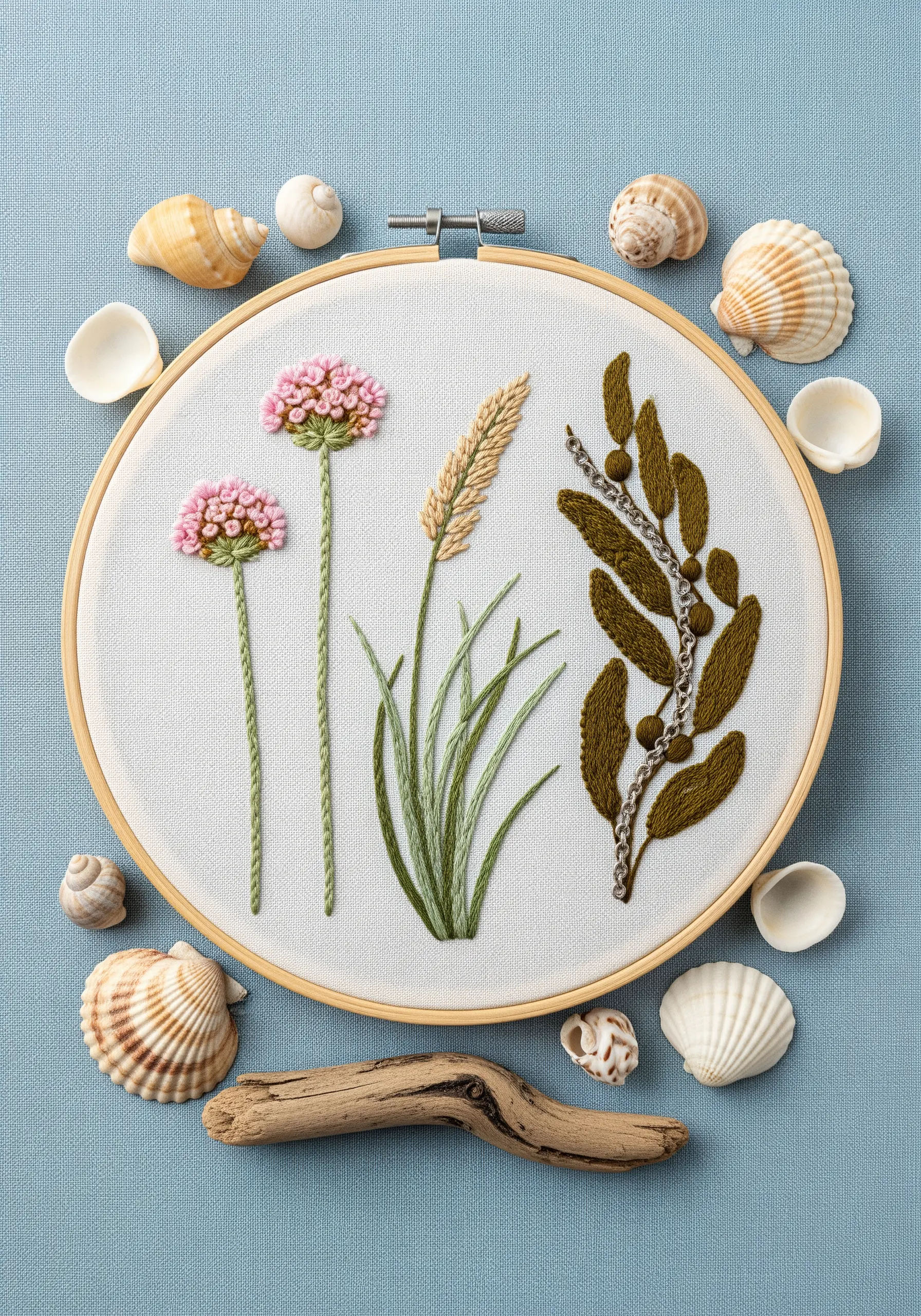 Embroidered coastal plants, including sea thrift and seaweed, in a delicate style.