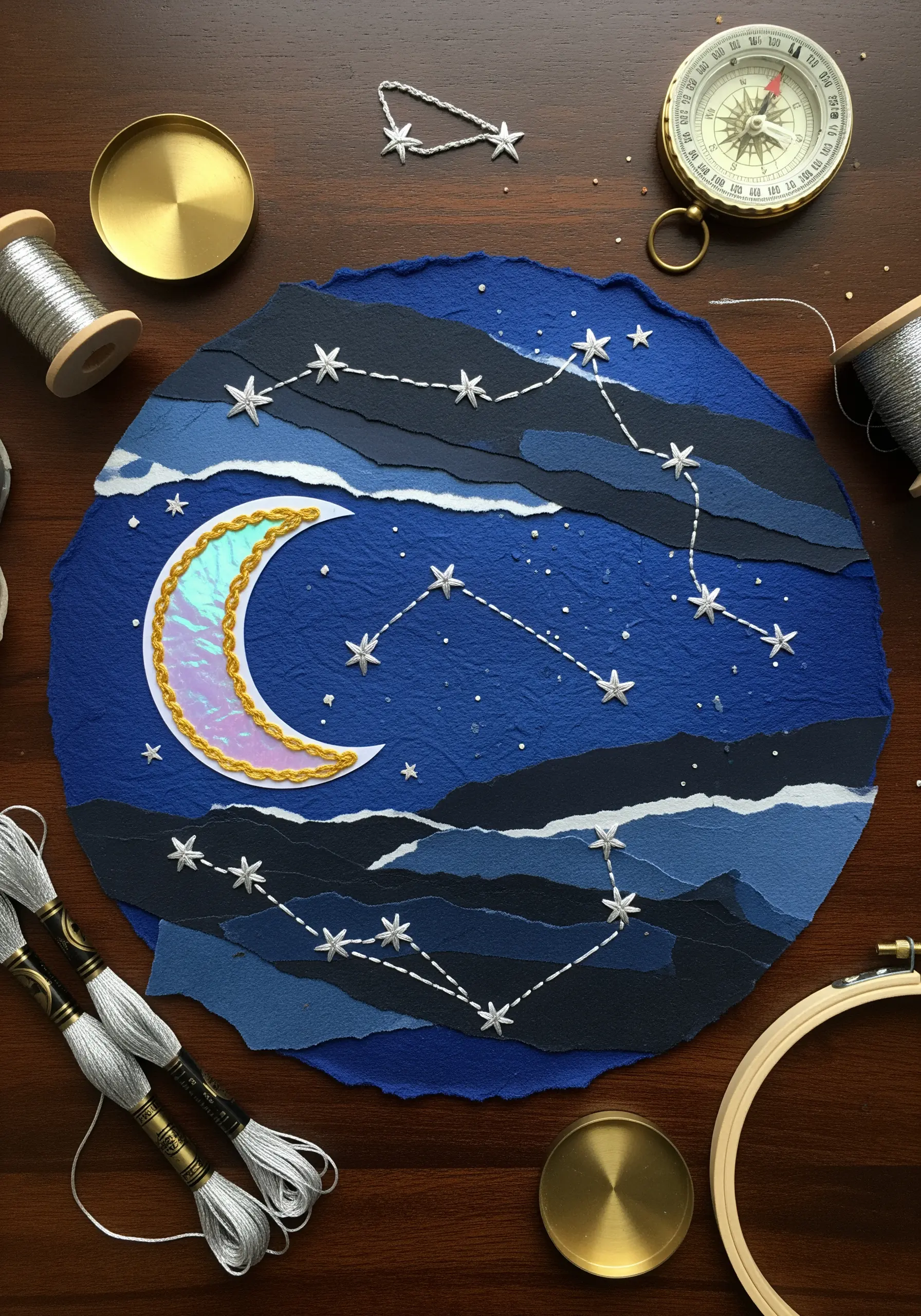 Stitched constellations and an iridescent moon on a layered blue paper collage.