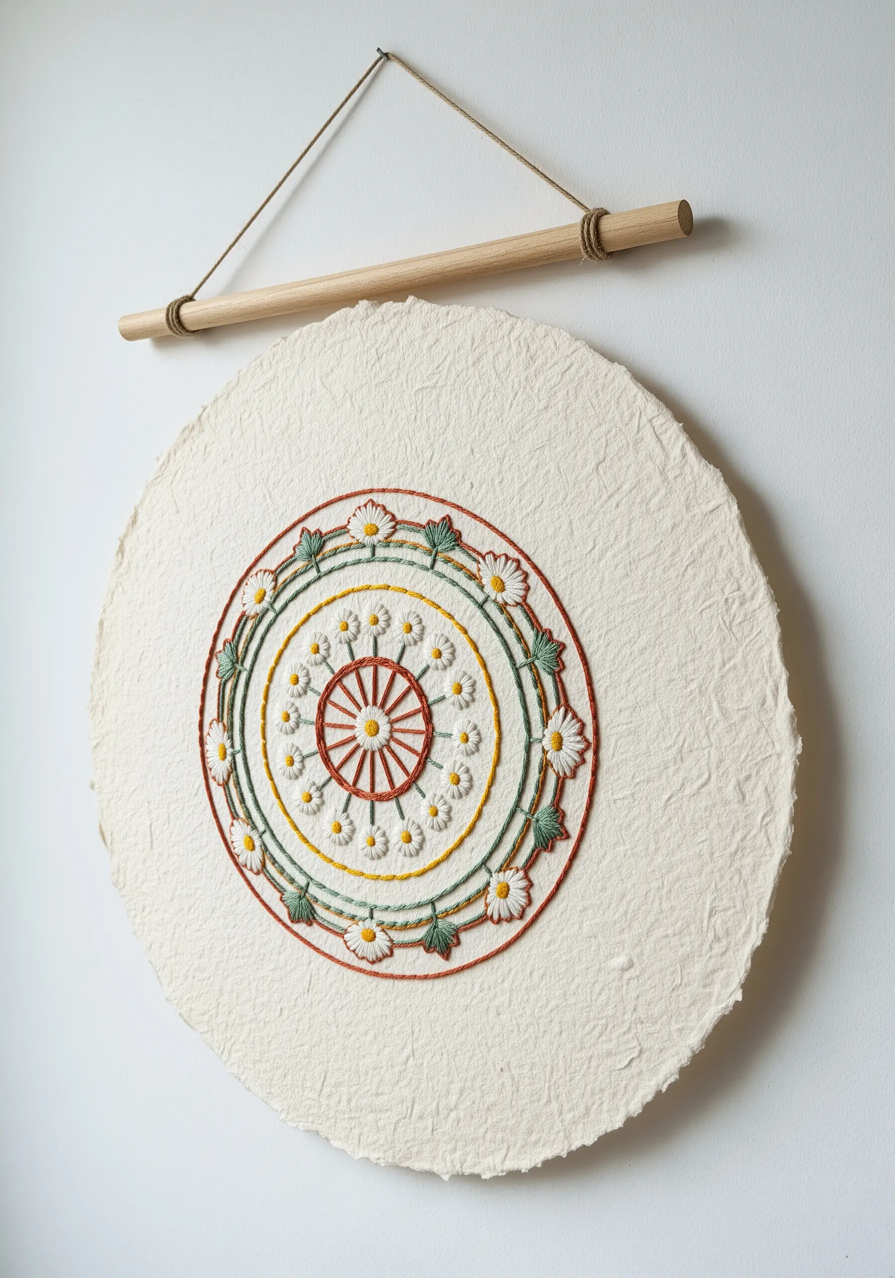 A circular mandala with daisy motifs embroidered directly onto textured handmade paper.