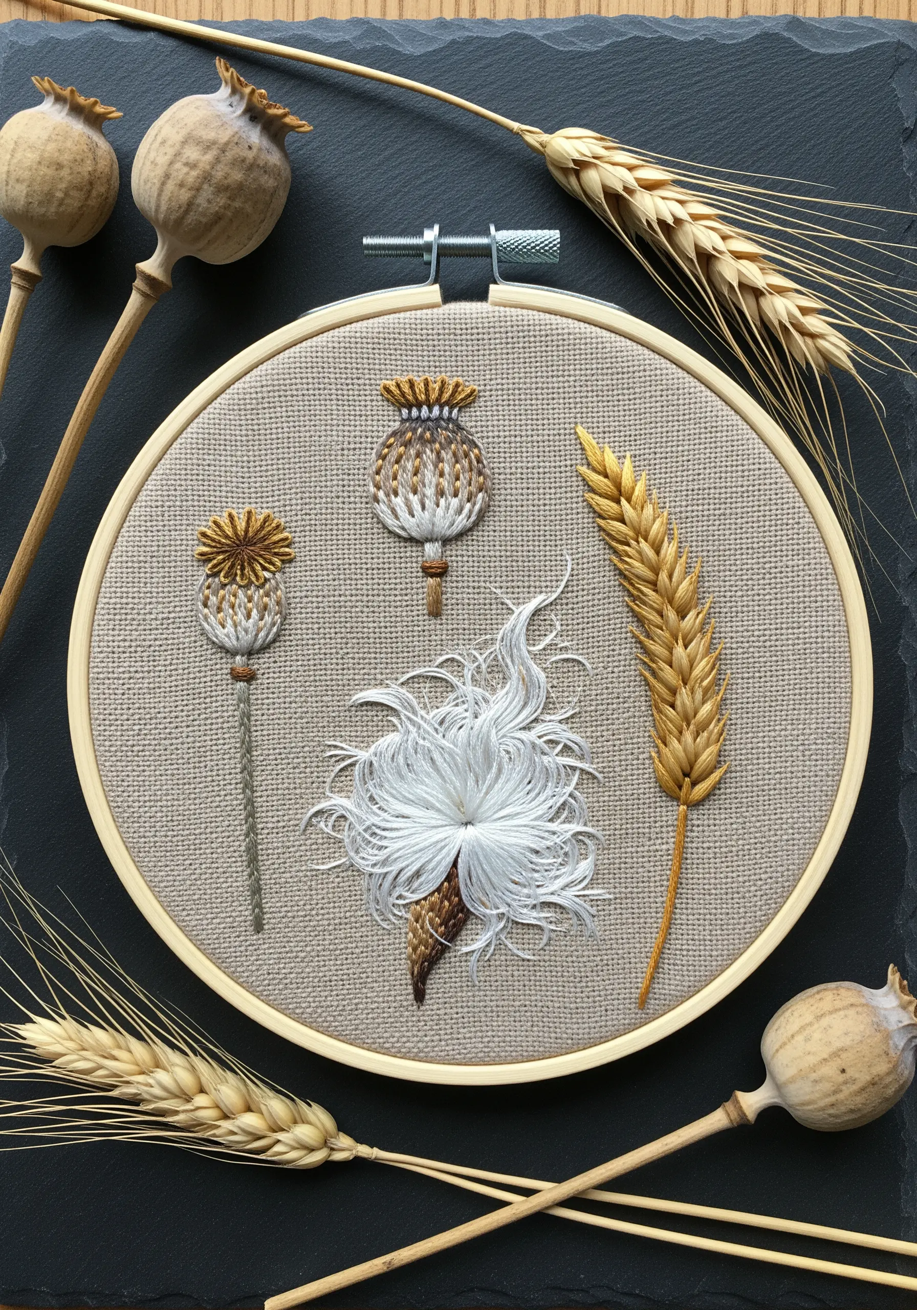 Embroidered seed heads, including poppy pods and wheat, with high-texture details.
