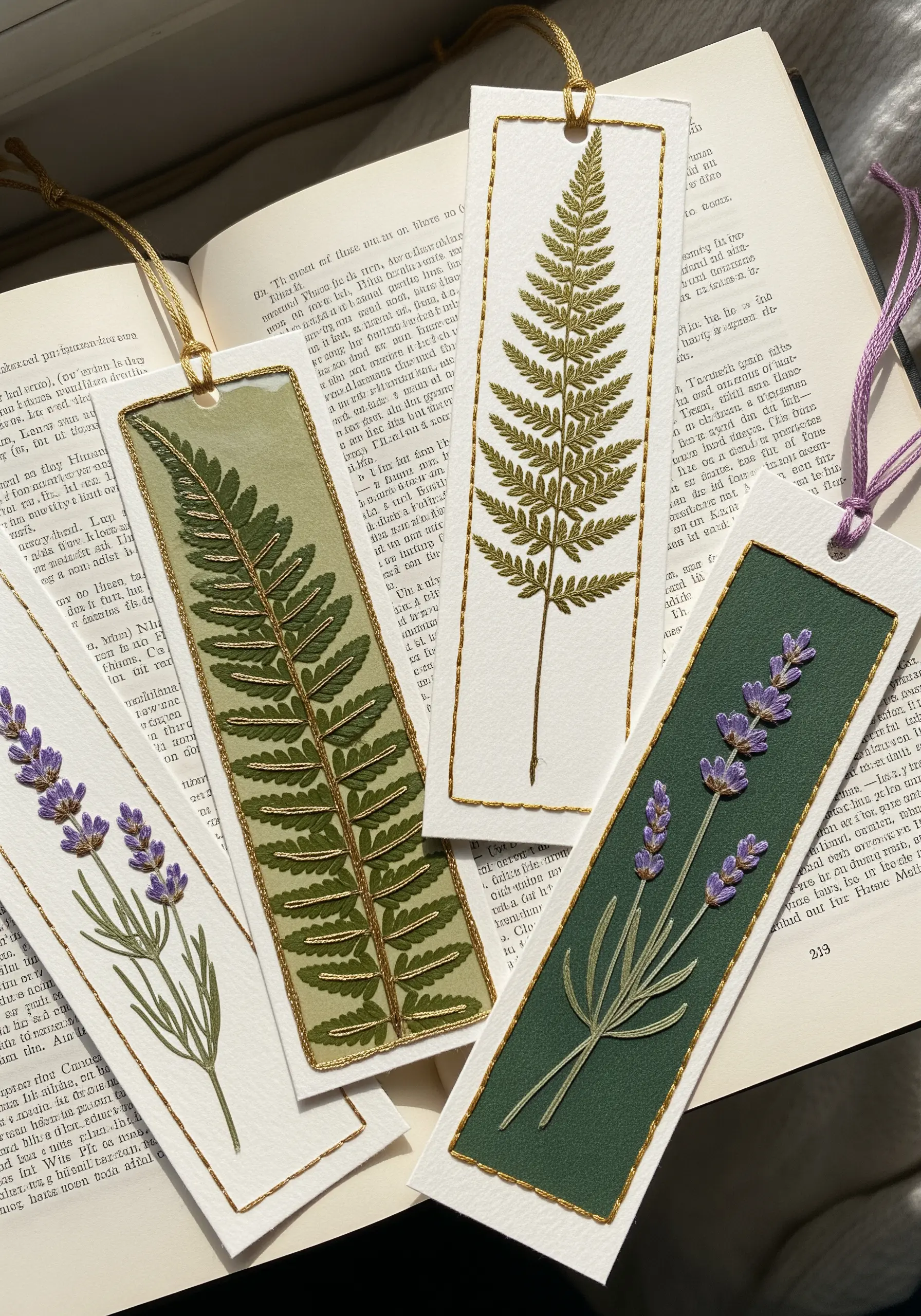 Pressed fern and lavender bookmarks with hand-stitched borders on colored cardstock.