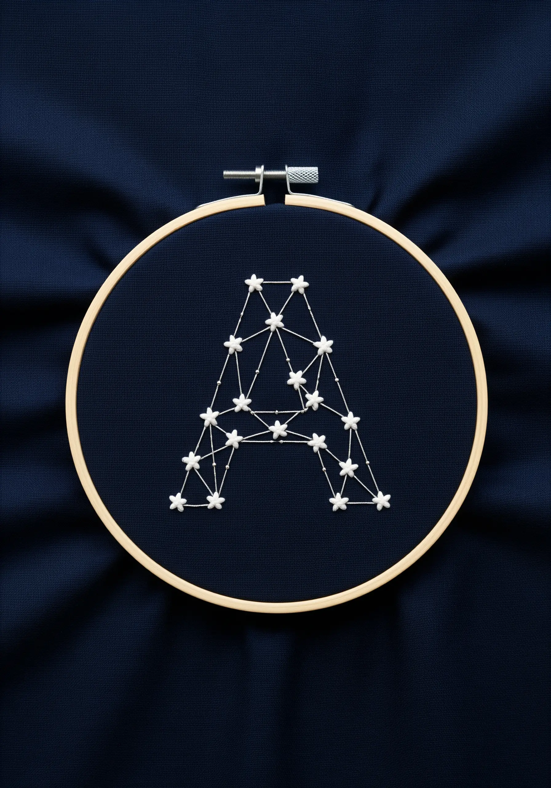 A letter 'A' formed by connecting white star stitches on dark blue fabric.