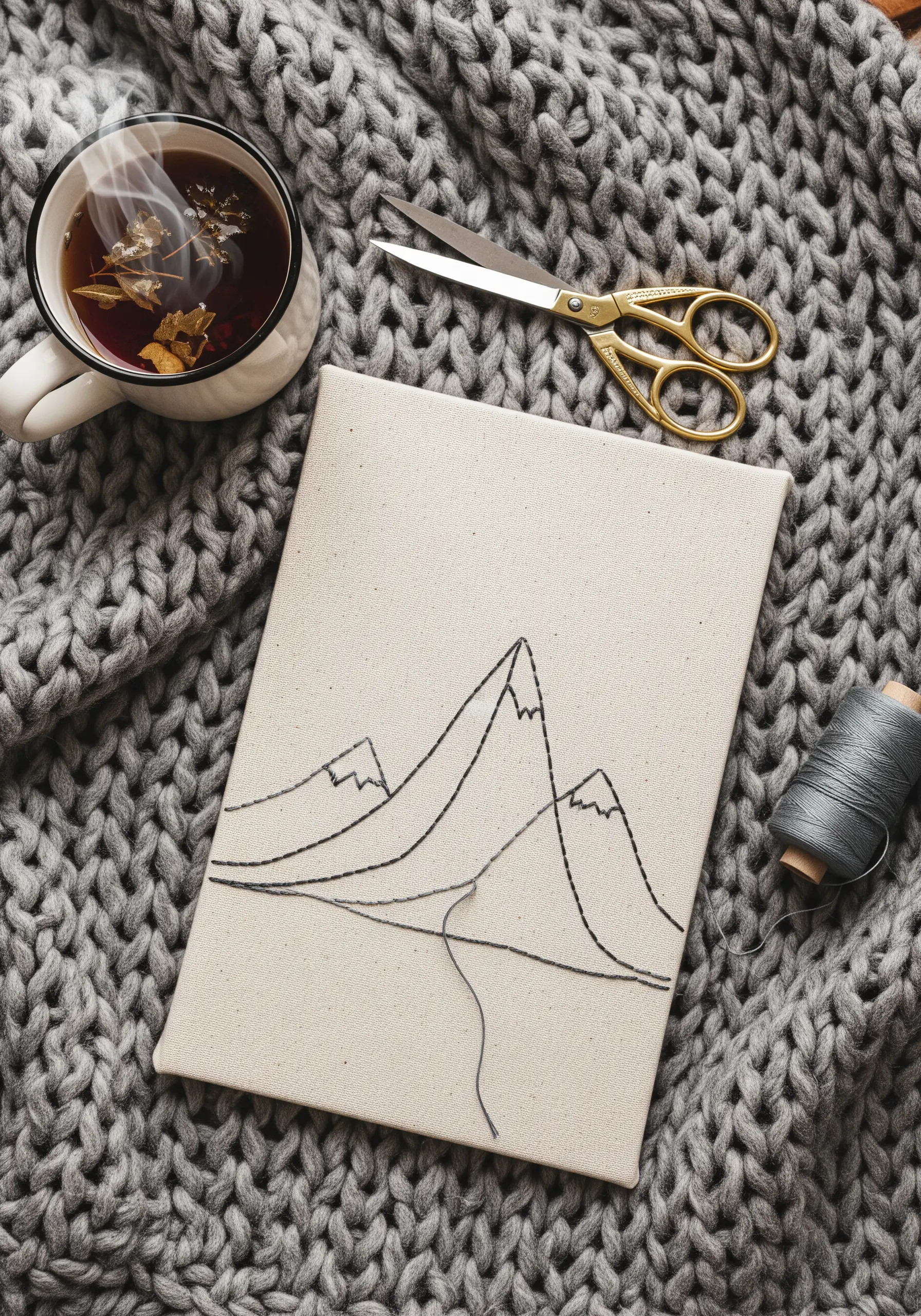 Minimalist mountain range embroidered on a rectangular canvas with black and grey thread.