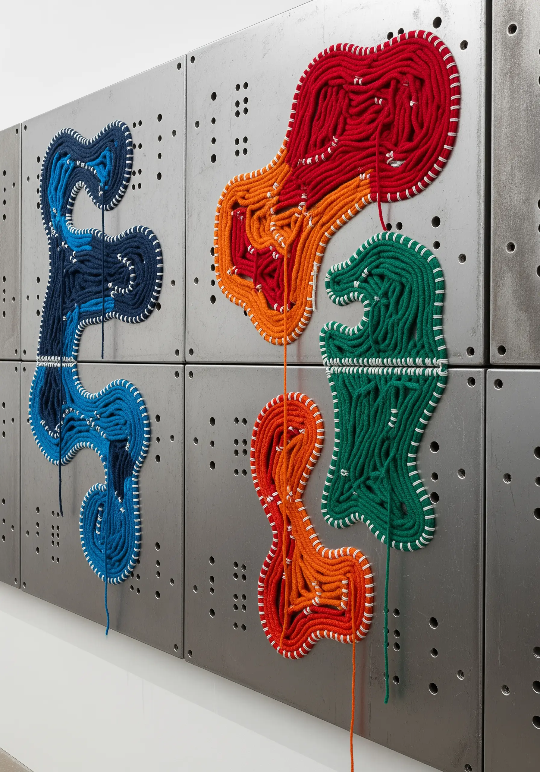 Thick, colorful yarn woven through holes in metal panels to create abstract shapes.