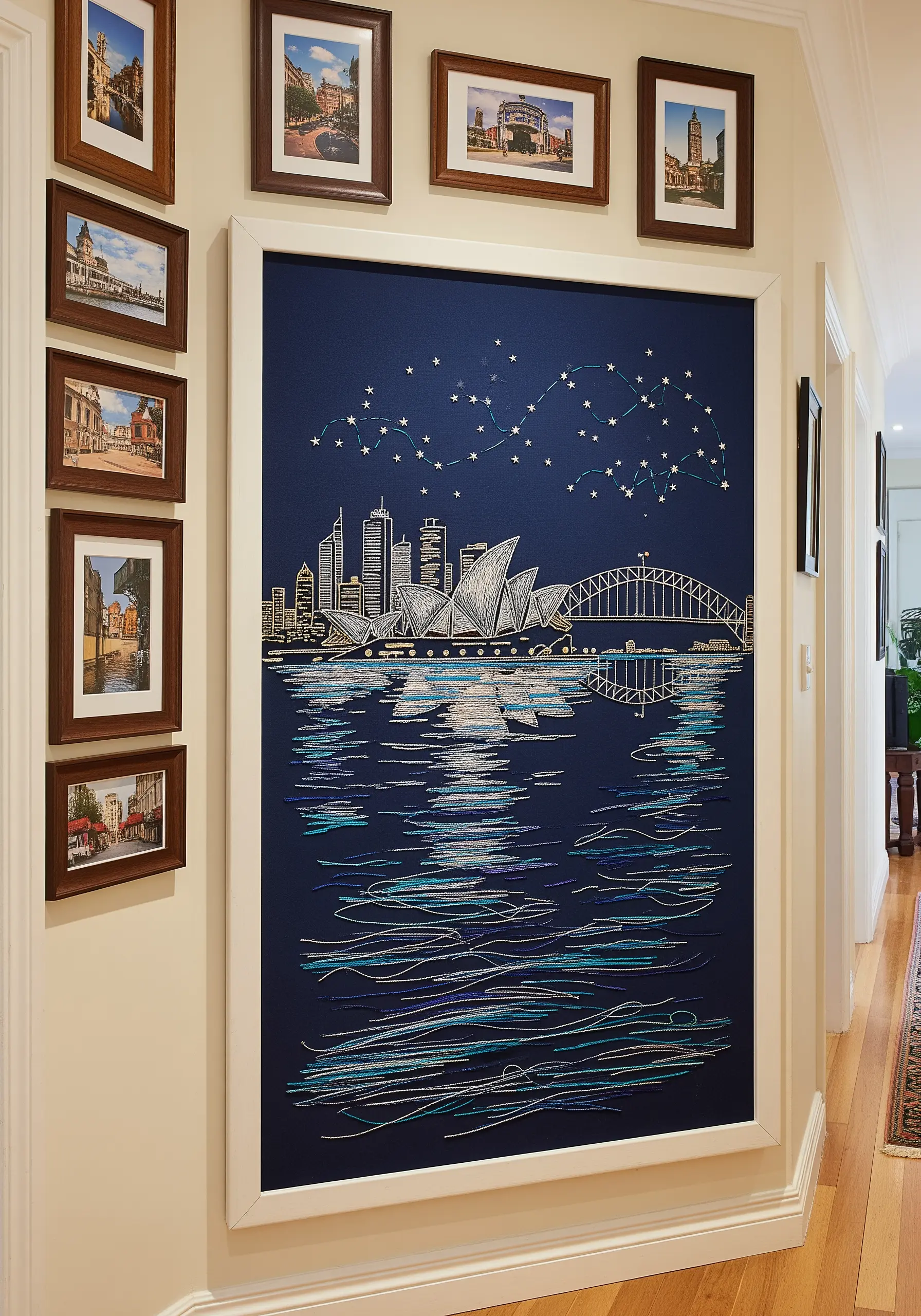 Embroidery of the Sydney skyline with shimmering water reflections and star constellations.