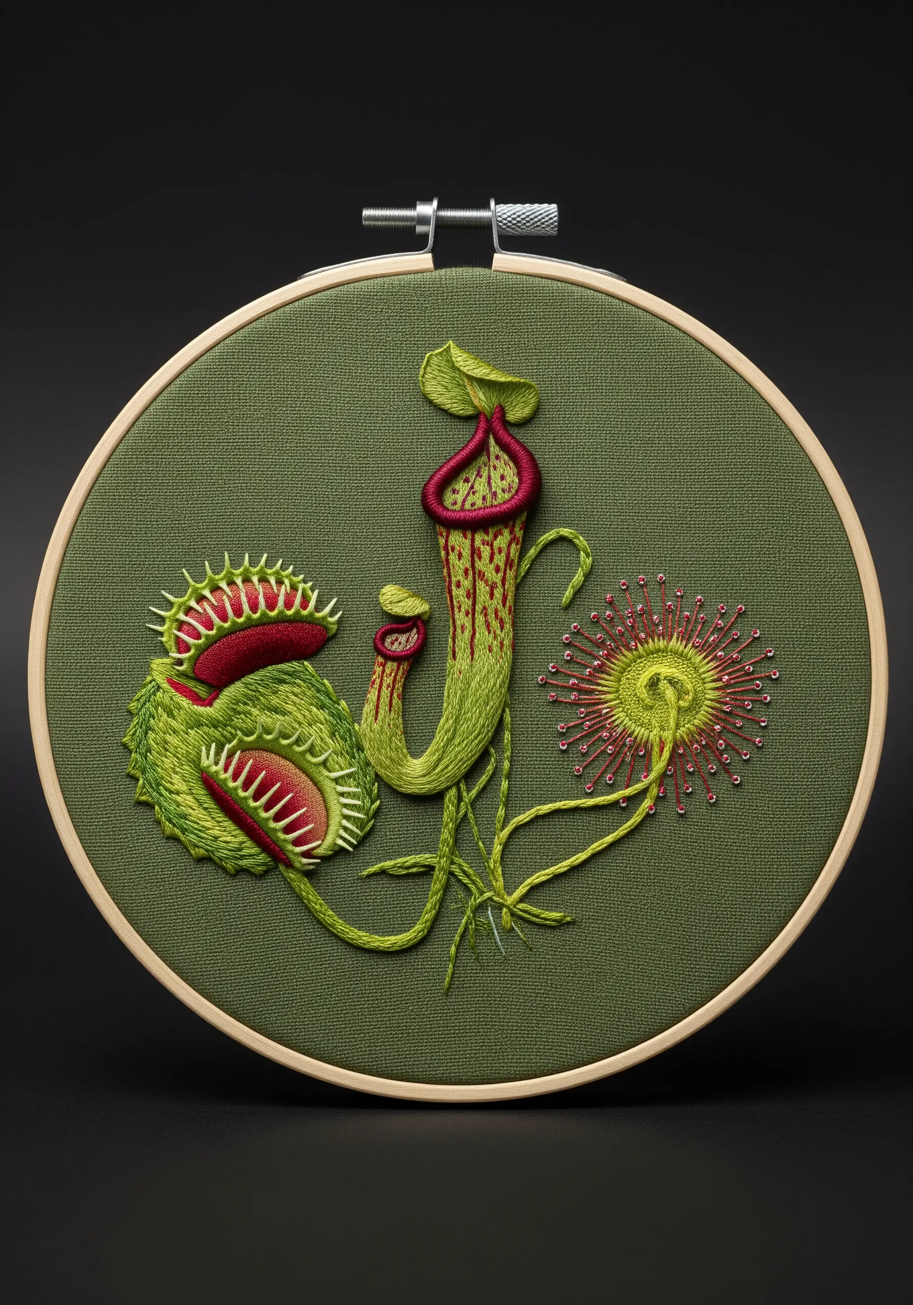 Detailed embroidery of carnivorous plants: Venus flytrap, pitcher plant, and sundew.