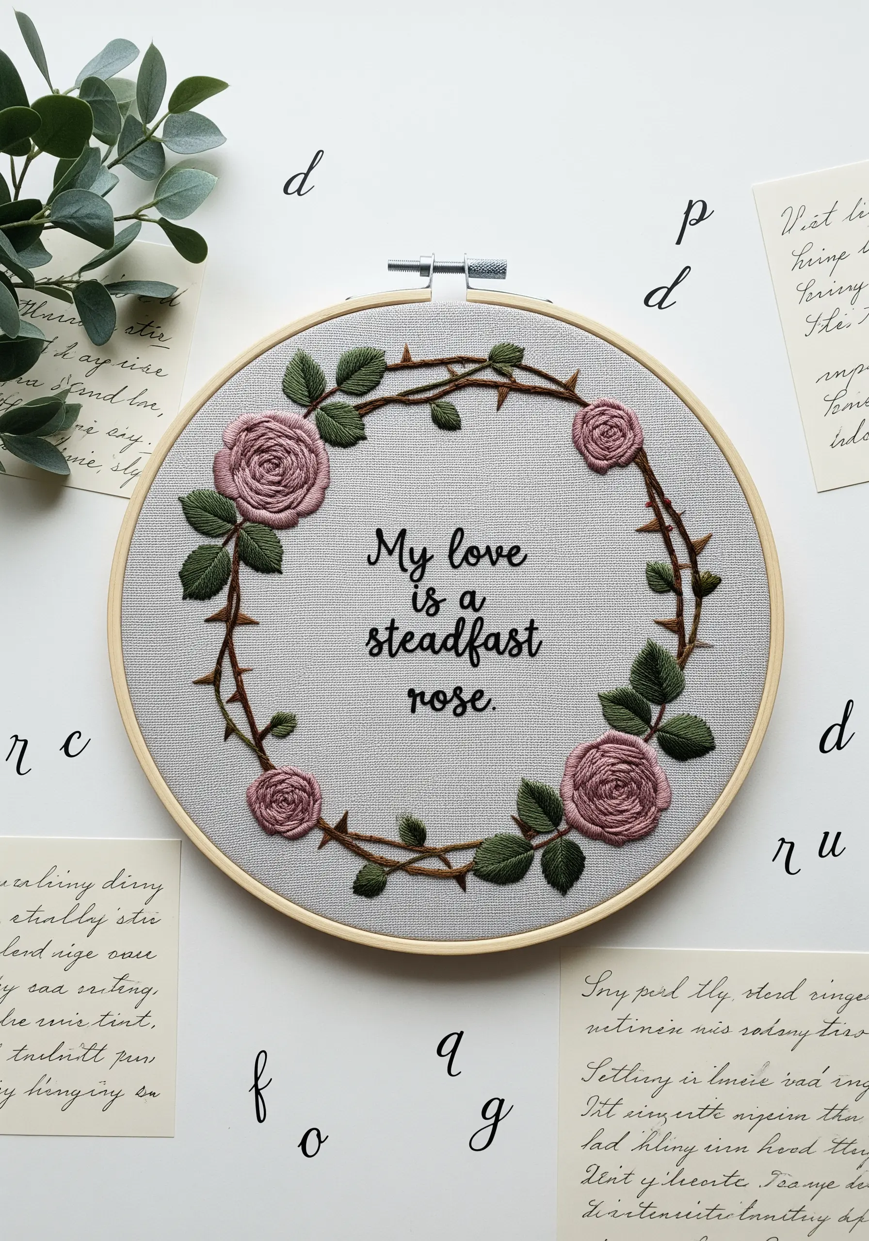 A wreath of thorny vines and dusty pink woven wheel roses embroidered with a central quote.