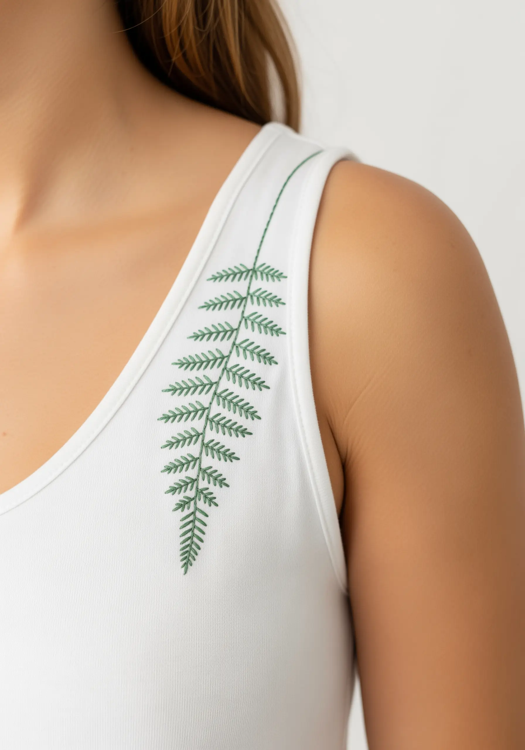 A green fern frond embroidered down the strap of a white tank top.