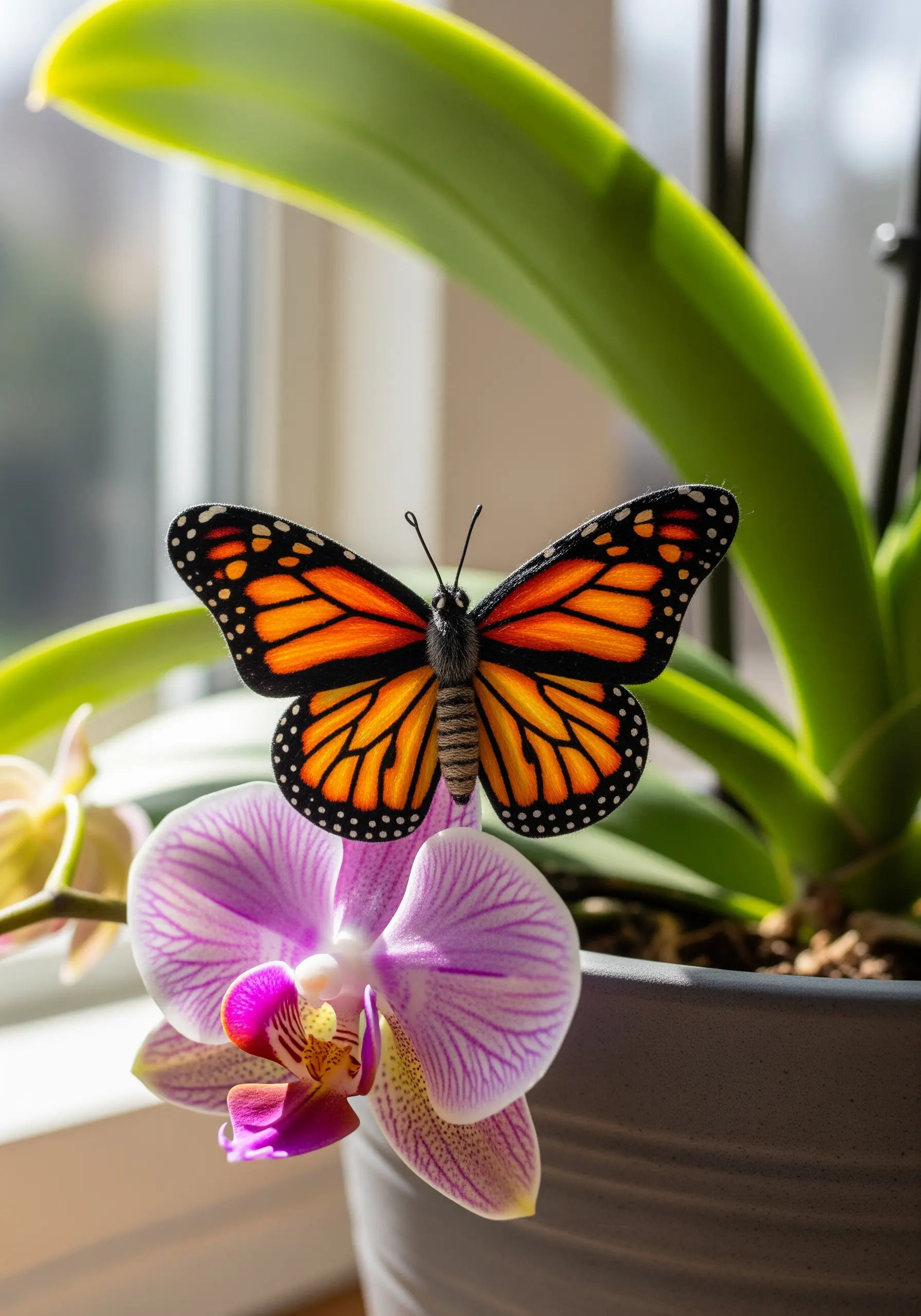A highly realistic 3D embroidered monarch butterfly resting on a pink orchid.