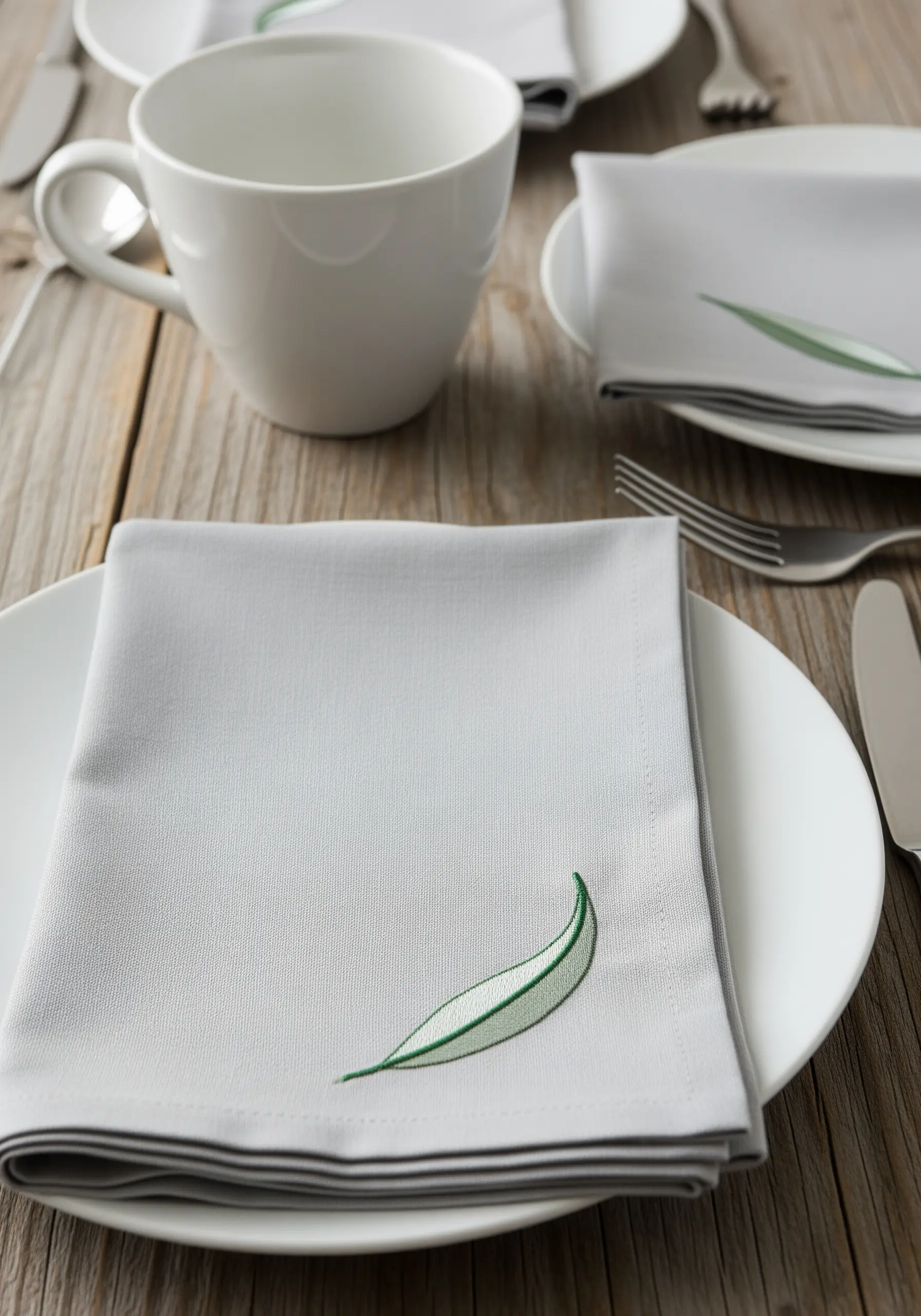 A single, small green leaf with a subtle gradient embroidered on the corner of a grey linen napkin.