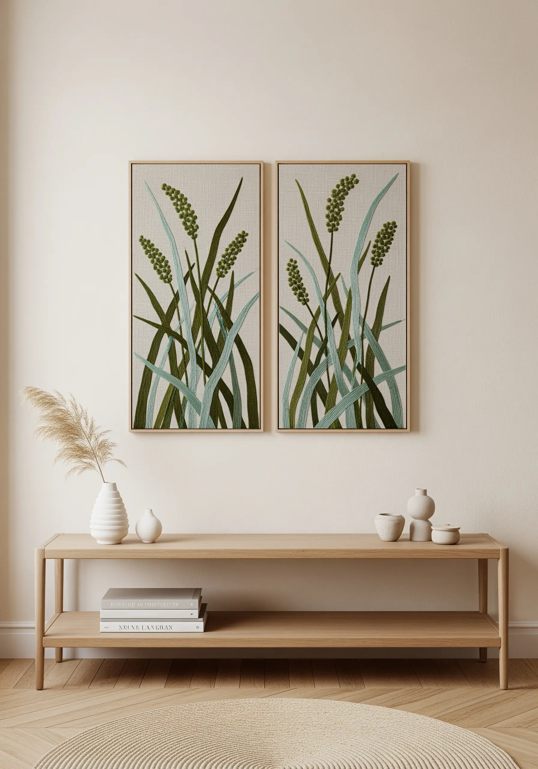 A diptych of framed embroidery showing layered wild grasses in shades of green and blue.