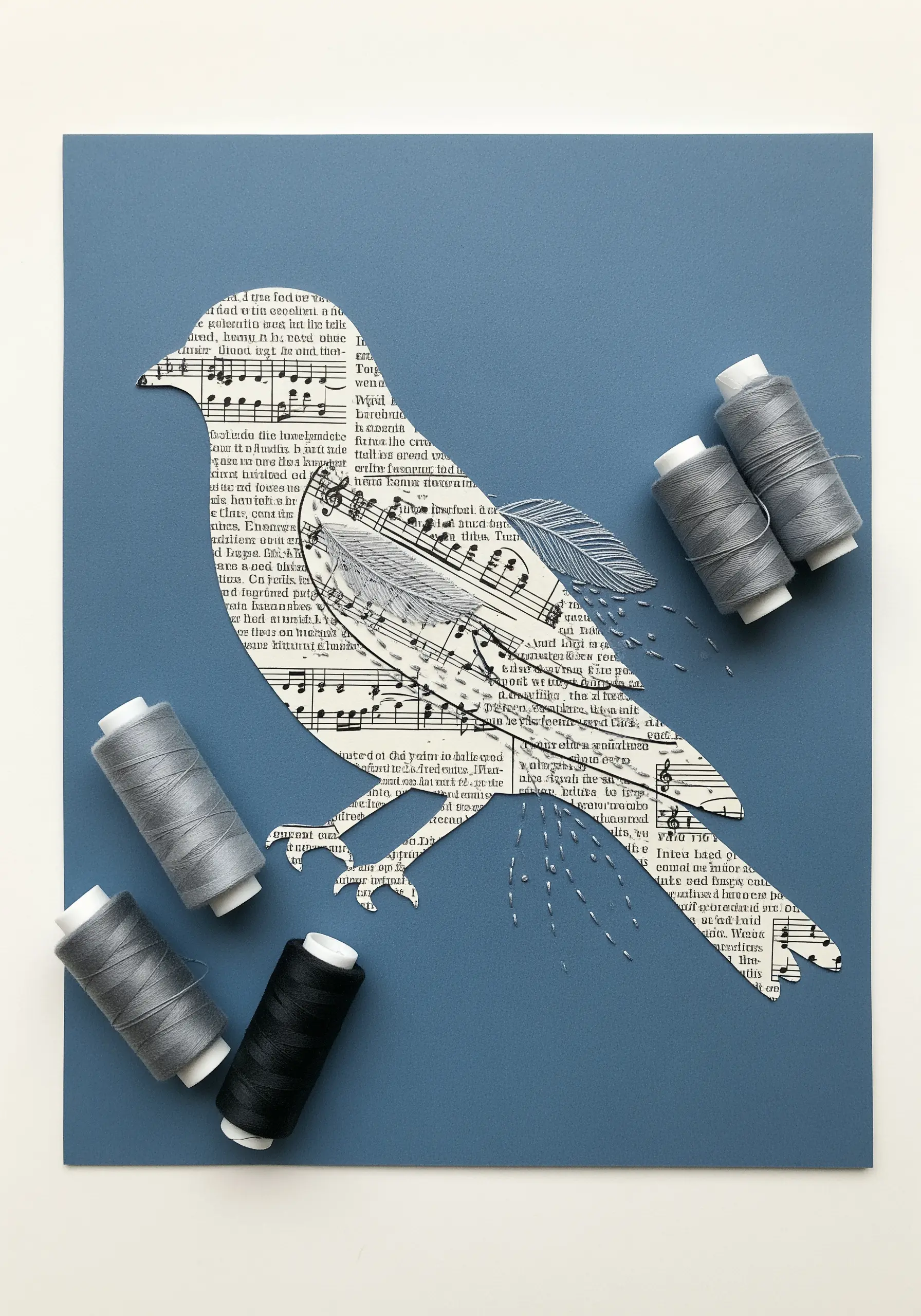 A bird silhouette made from sheet music paper, with grey threads stitched as tail feathers.