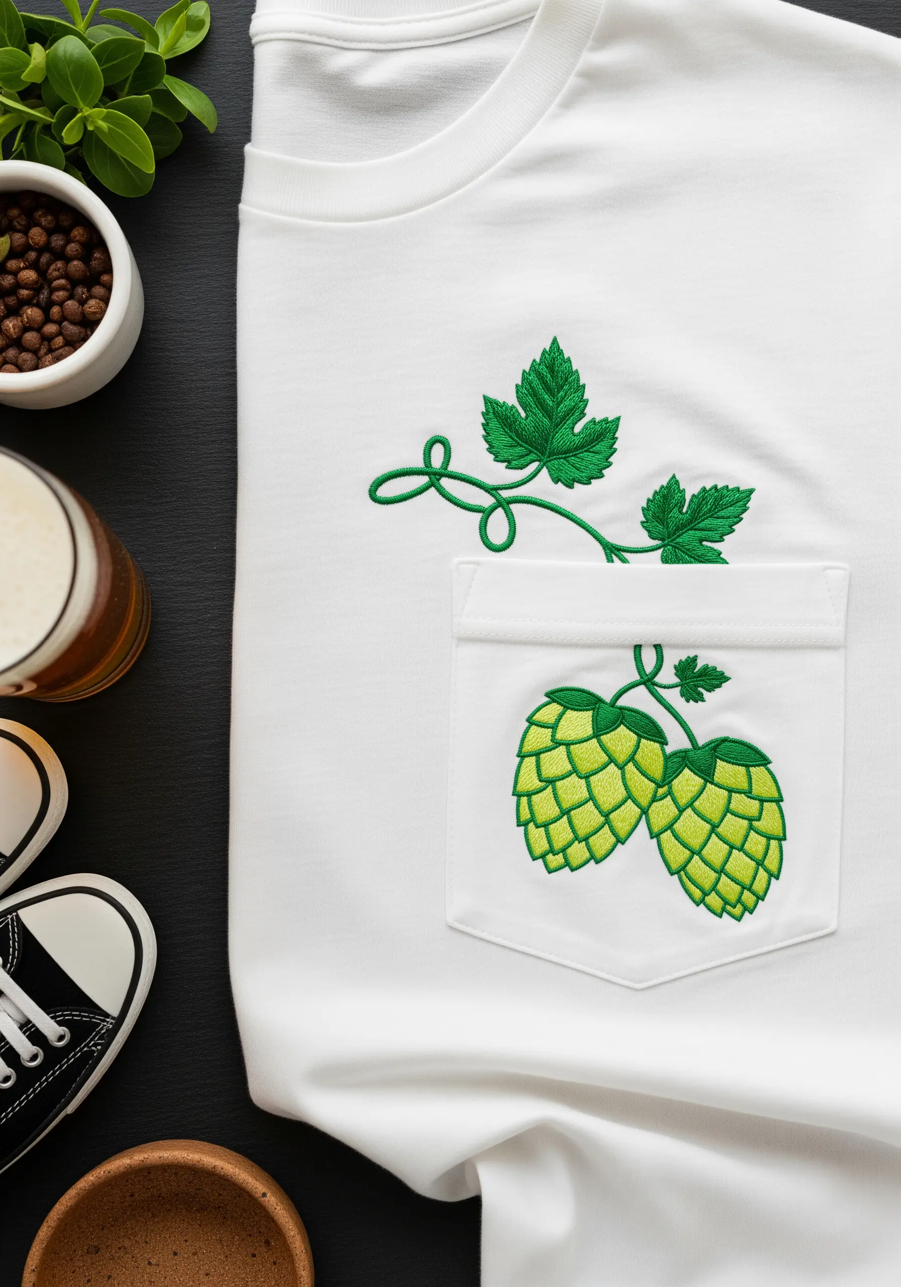 Green hops embroidered on the pocket and above it on a white t-shirt.