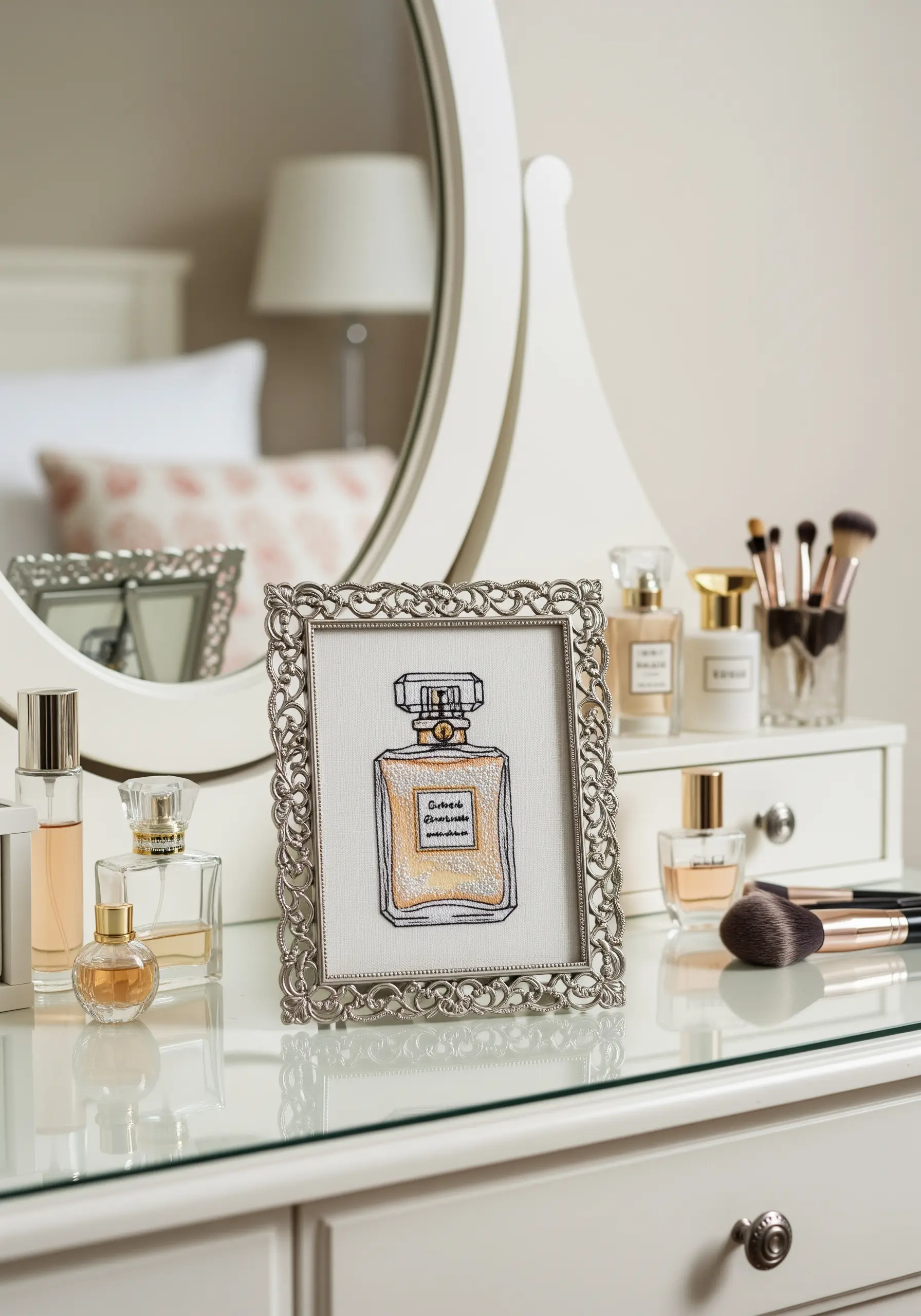 A small, ornately framed embroidery of a perfume bottle on a vanity table.