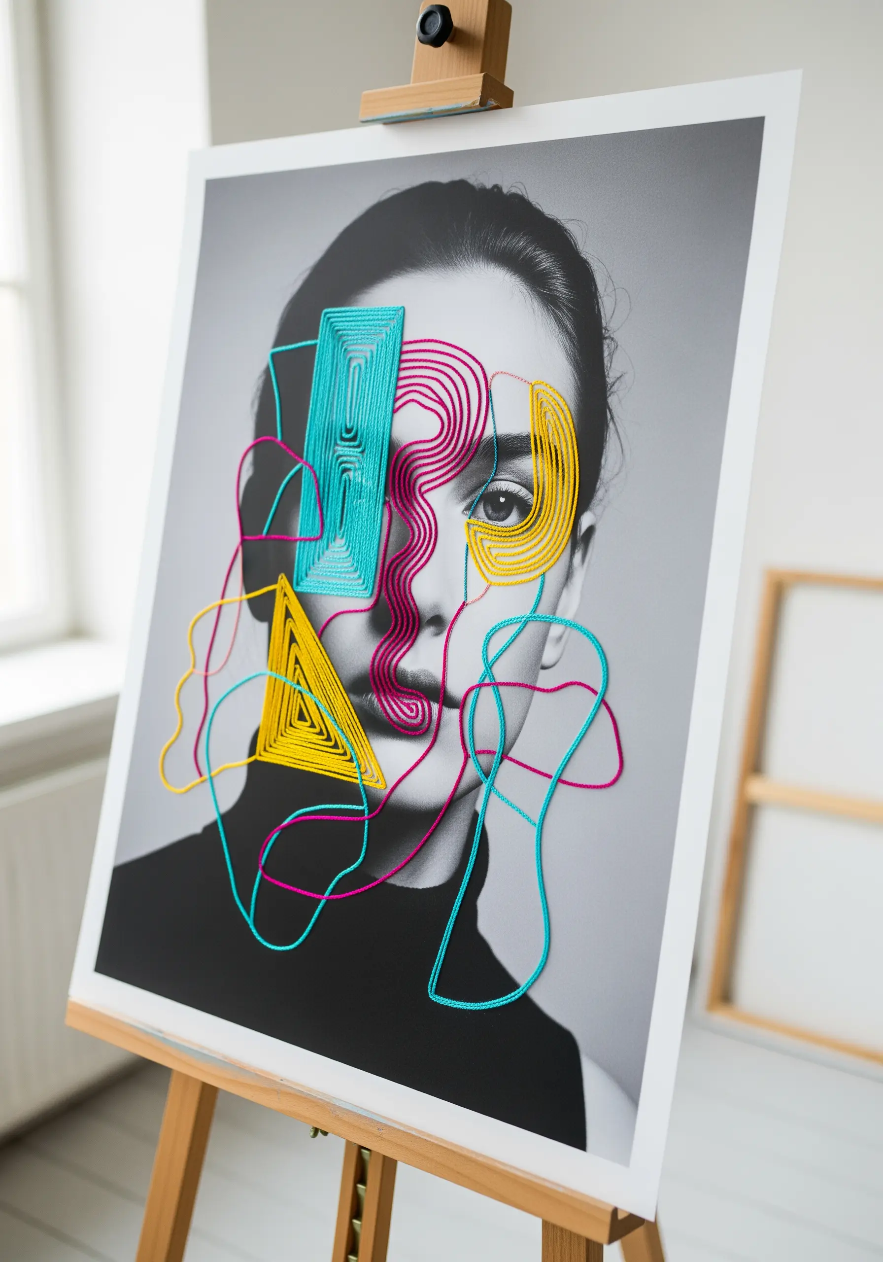A black-and-white portrait with vibrant, abstract thread shapes stitched and wrapped over the face.