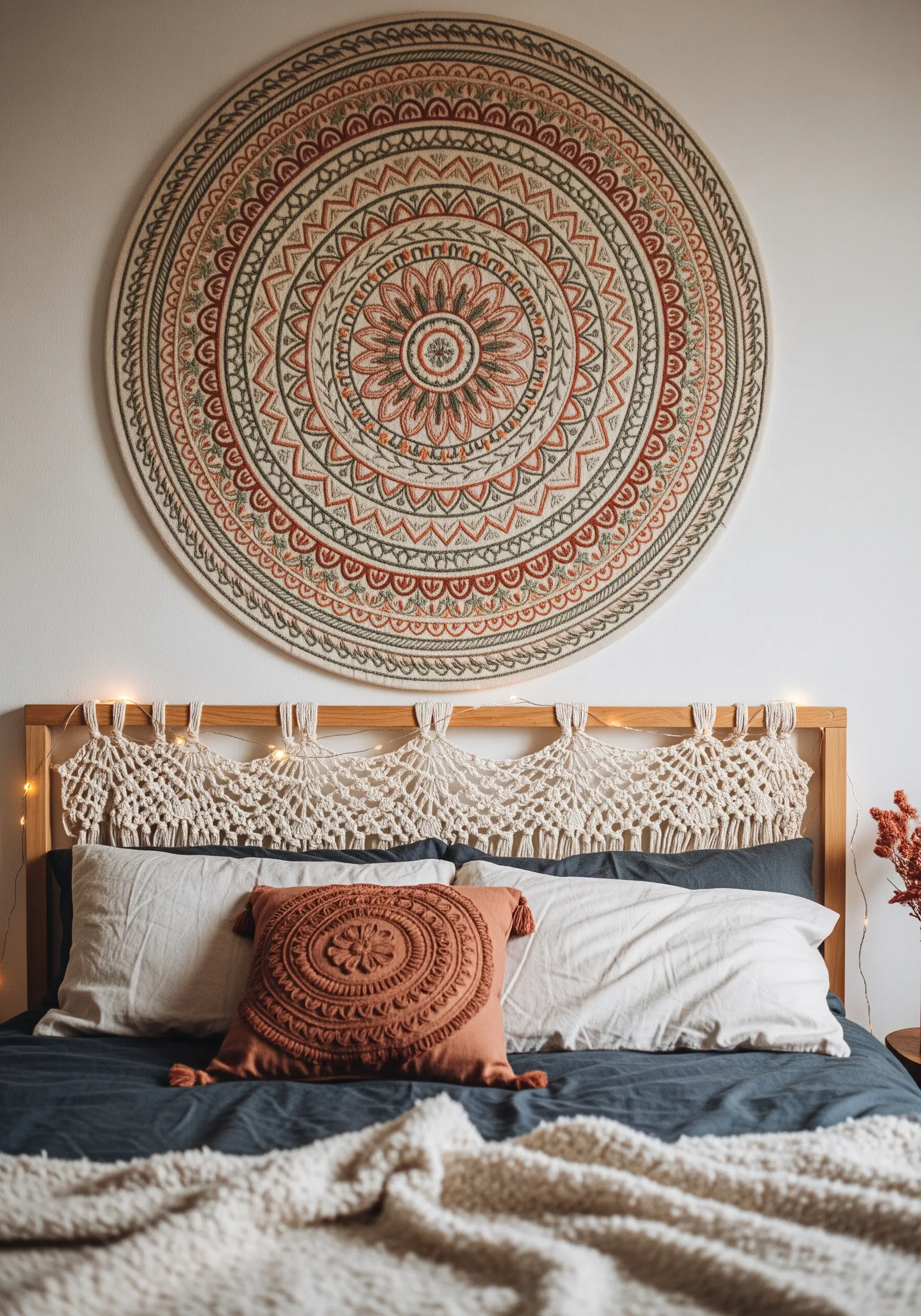 A large, round embroidered mandala in neutral tones hanging above a bed as a headboard.