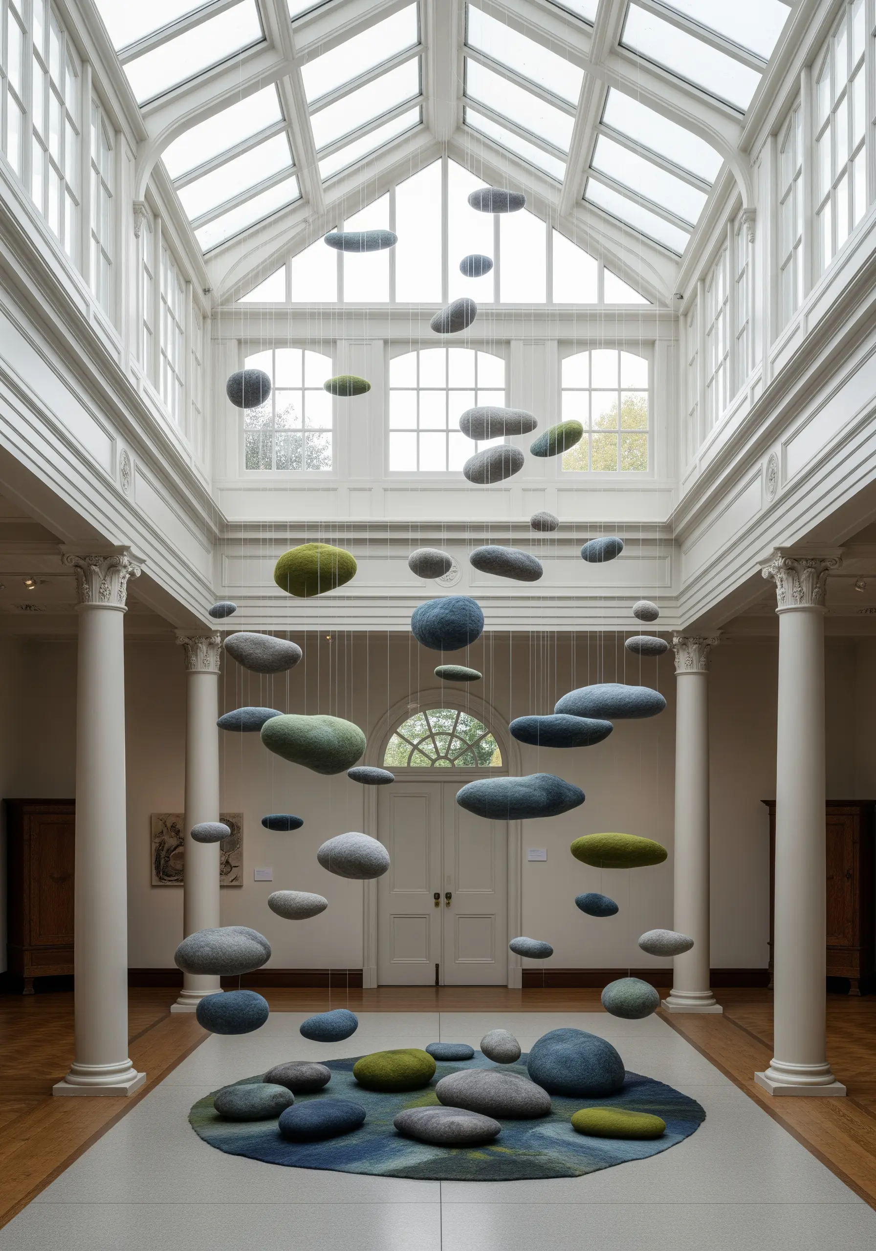 An installation of suspended, multi-colored felted stones hanging from a high ceiling.
