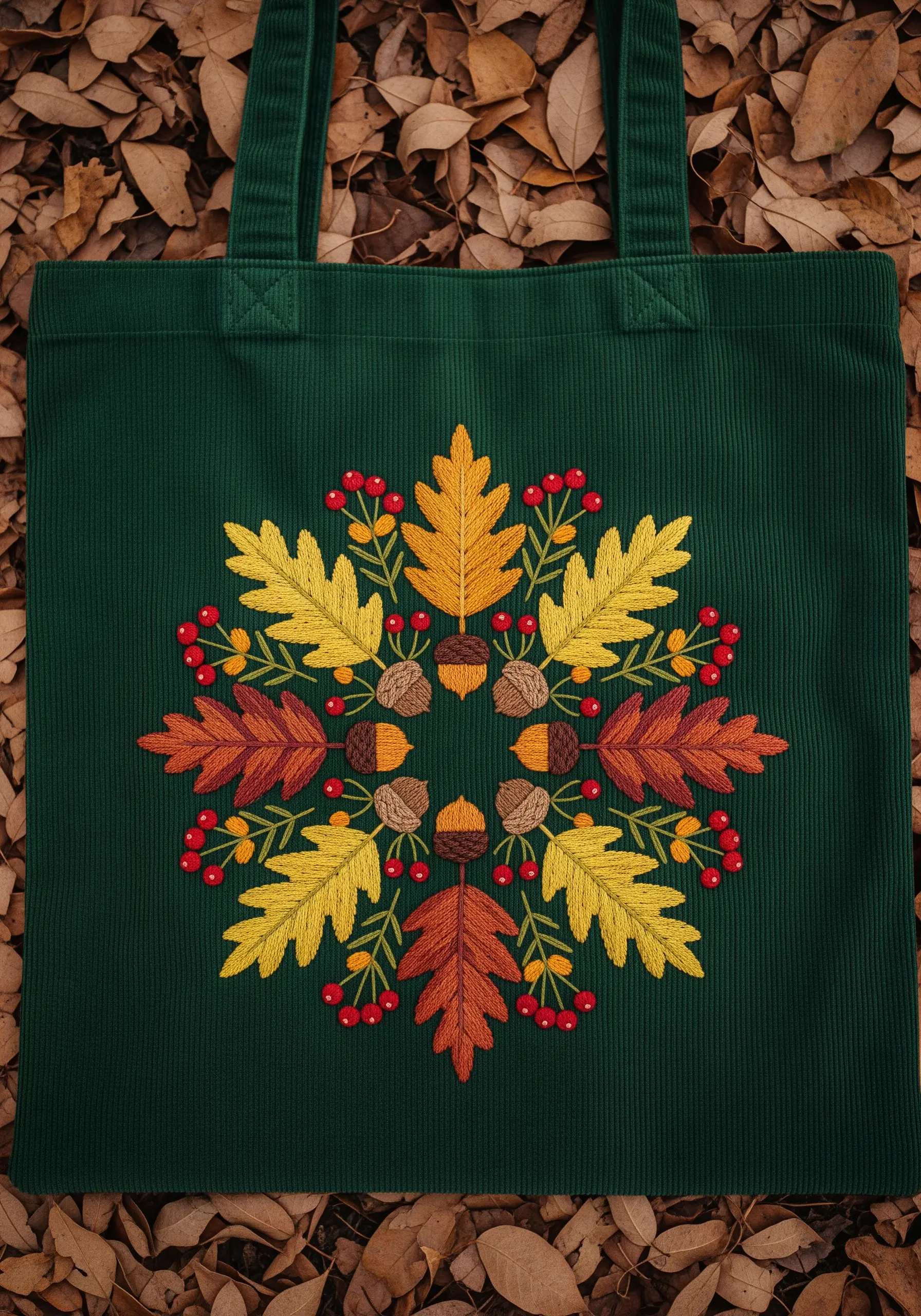 An autumn-themed mandala of oak leaves, acorns, and berries on a dark green corduroy tote.