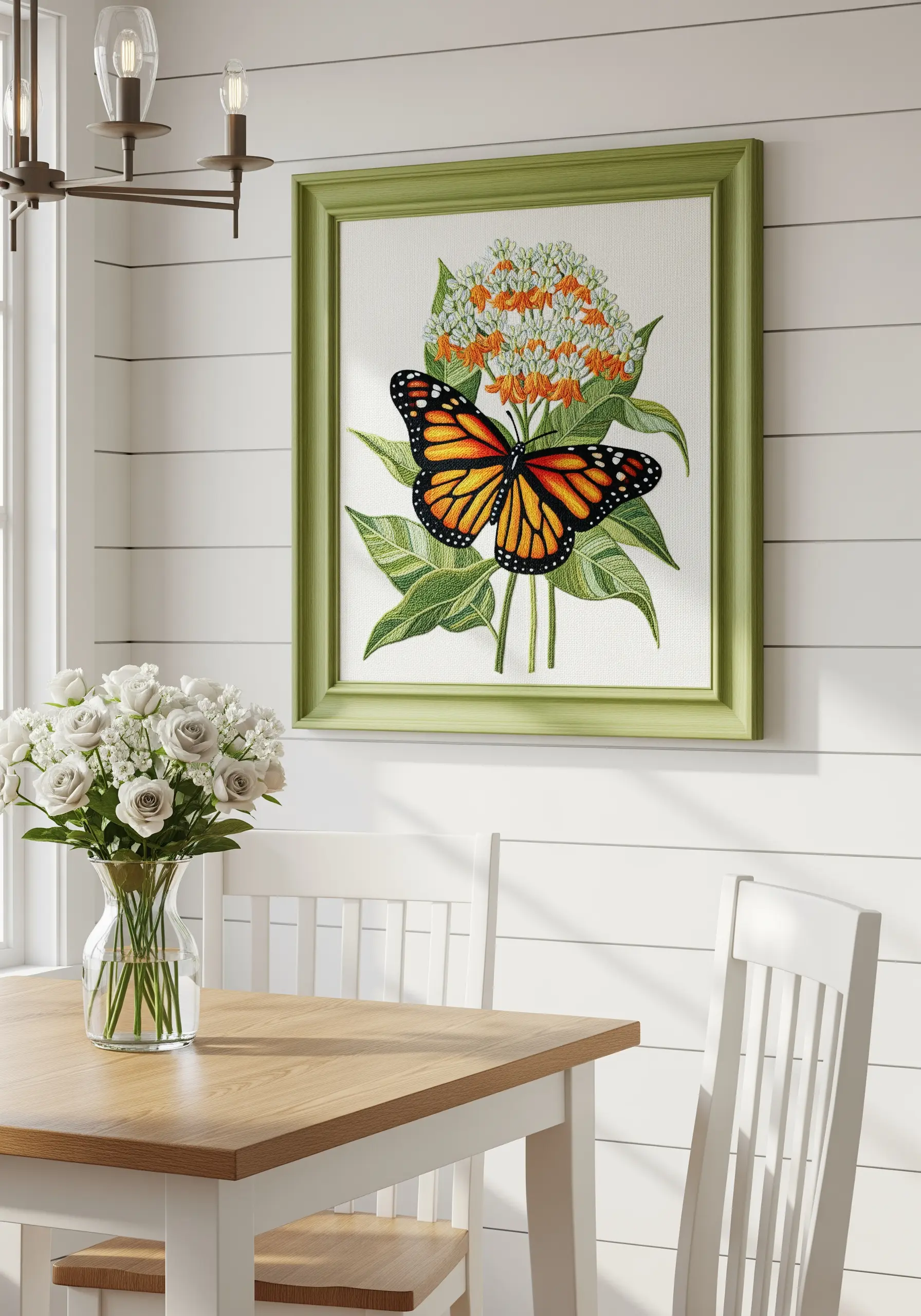 A realistic embroidery of a monarch butterfly on a flower, showing symmetrical wing patterns.