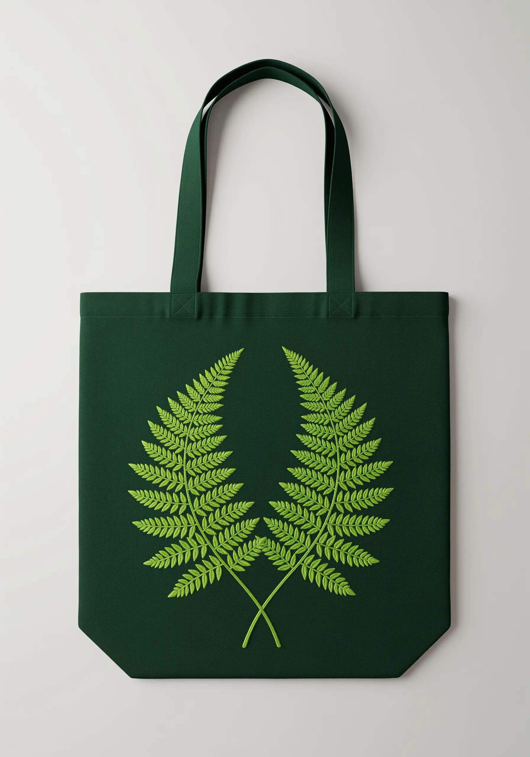Symmetrical lime green fern fronds embroidered on a dark green tote bag.