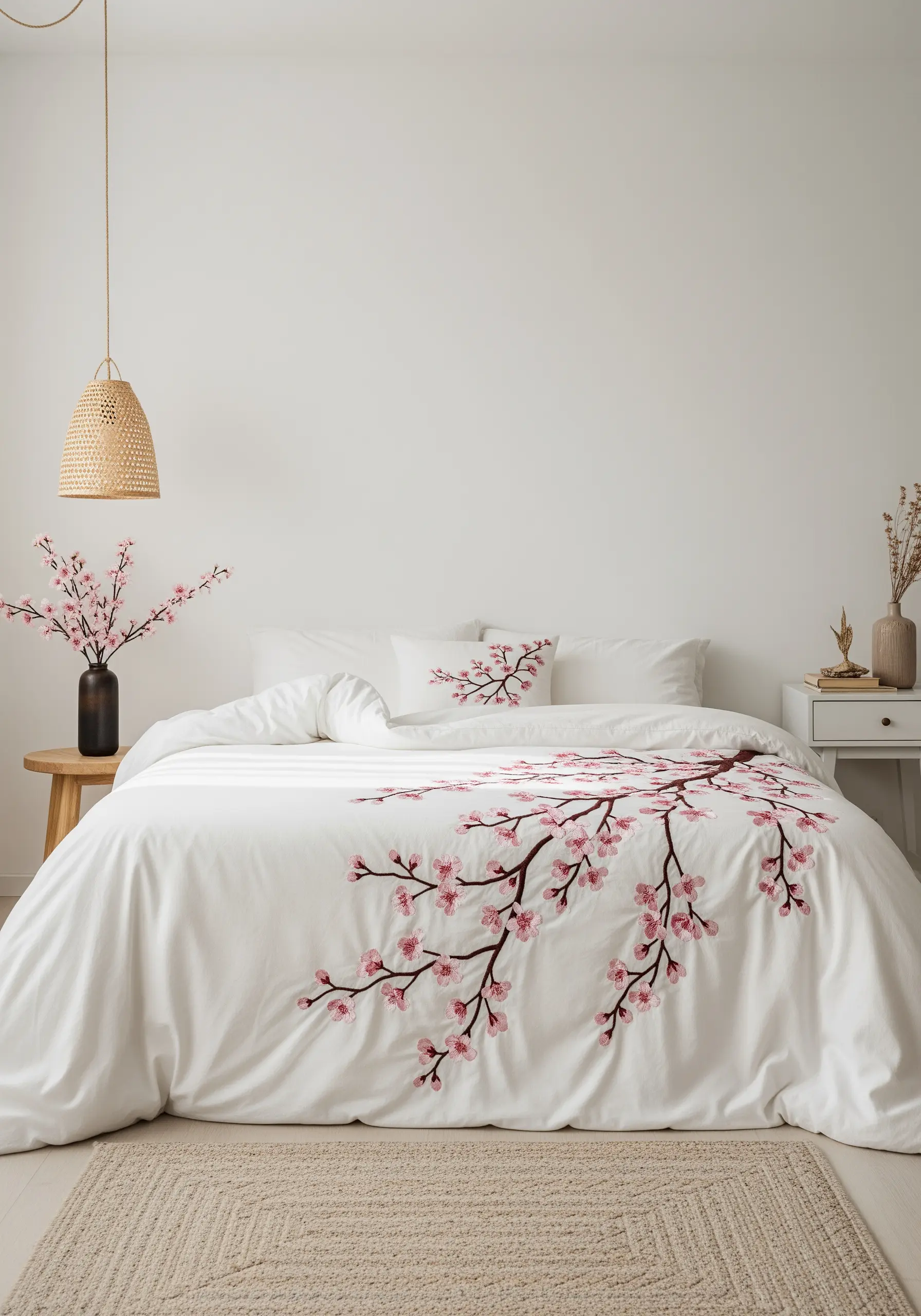 A white duvet cover and pillow embroidered with a delicate, flowing branch of pink cherry blossoms.