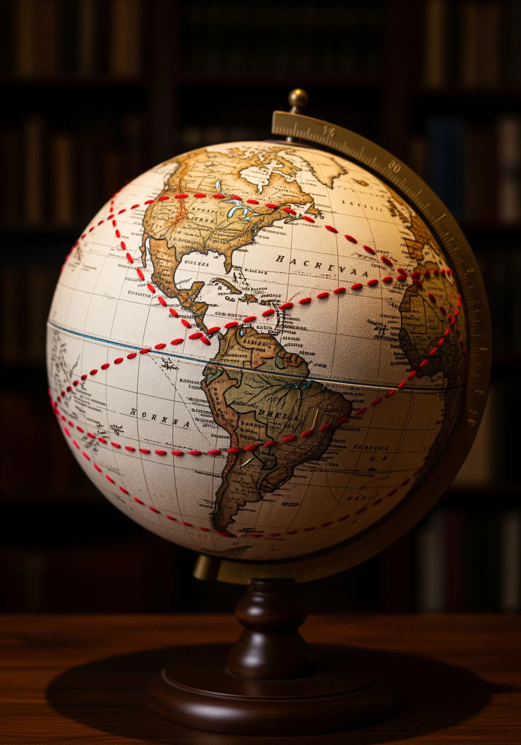 A vintage globe with a red running stitch tracing a travel route across the world.