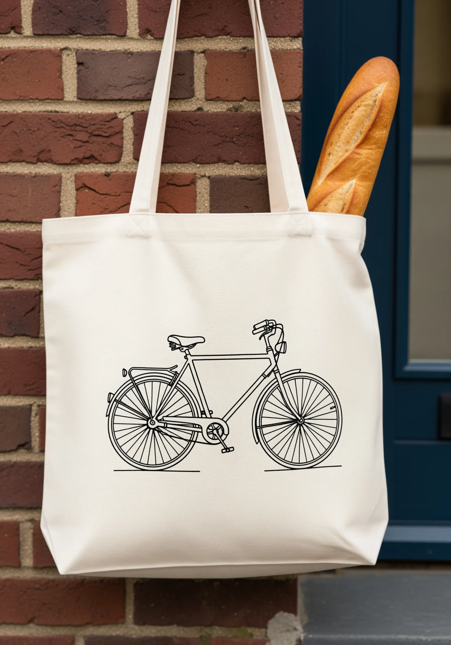 A detailed line art illustration of a bicycle embroidered in black thread.