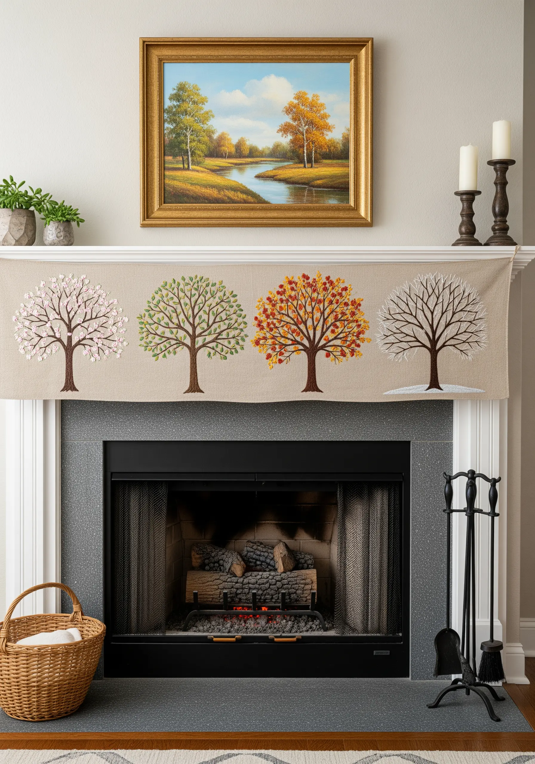 A mantel runner showing four embroidered trees, one for each season.