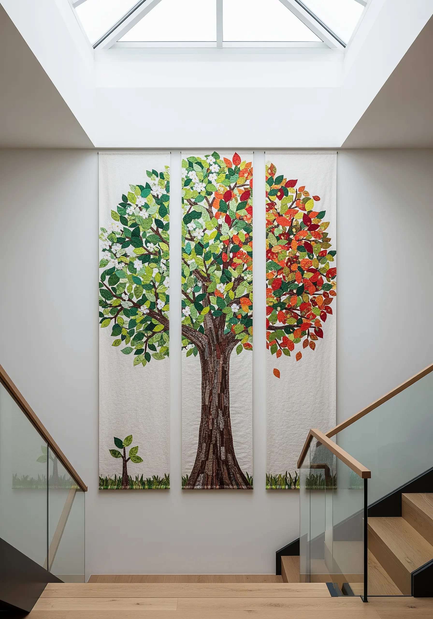 Three-panel wall hanging showing a tree changing through the seasons with fabric appliqué.