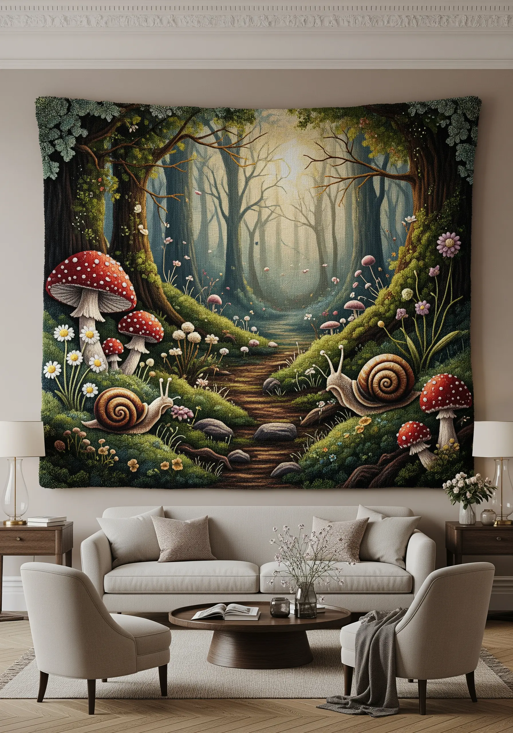A large, intricate tapestry depicting a magical forest scene with snails and mushrooms.