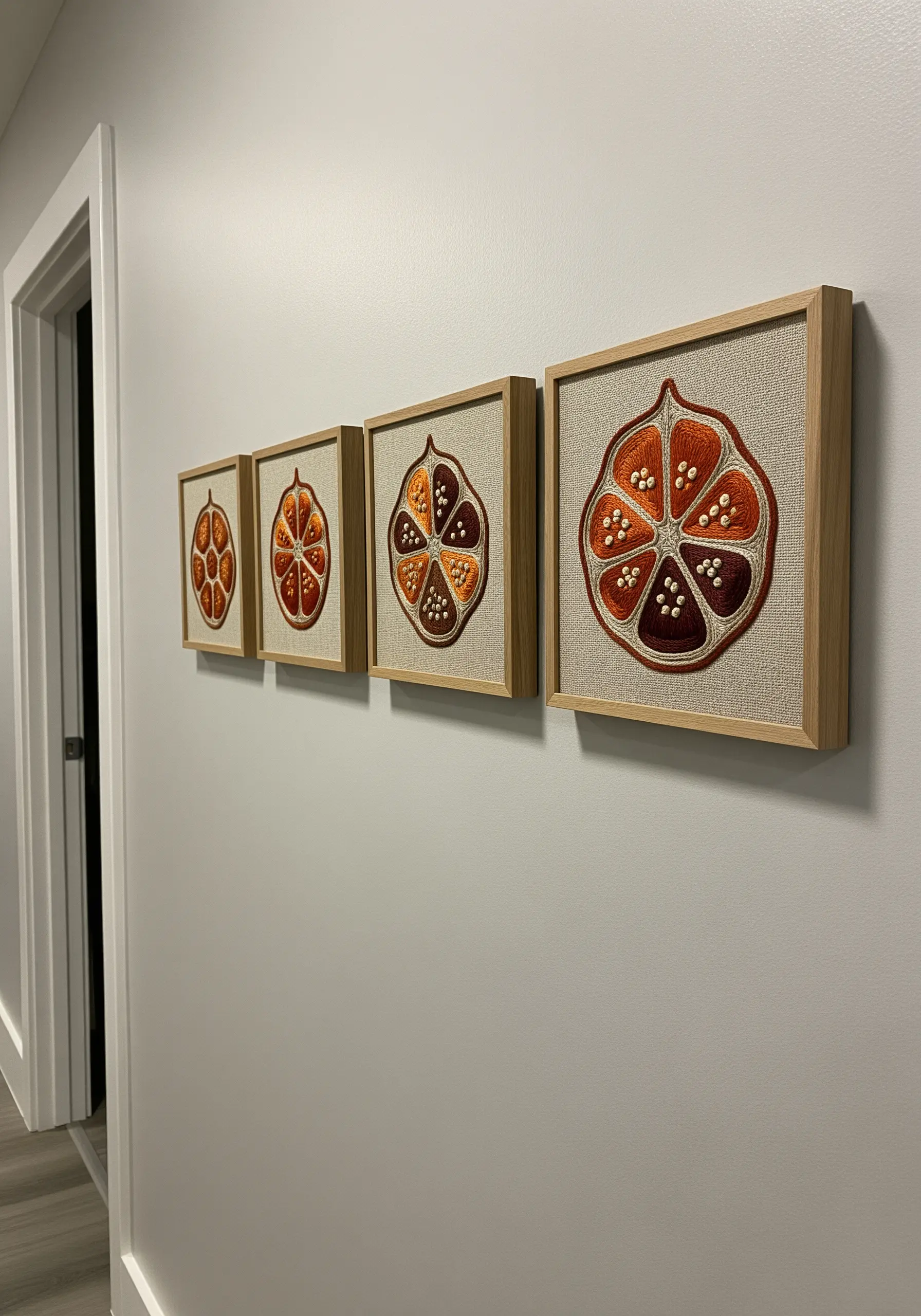 A series of four framed embroidery pieces showing a pomegranate cross-section in progressive detail.