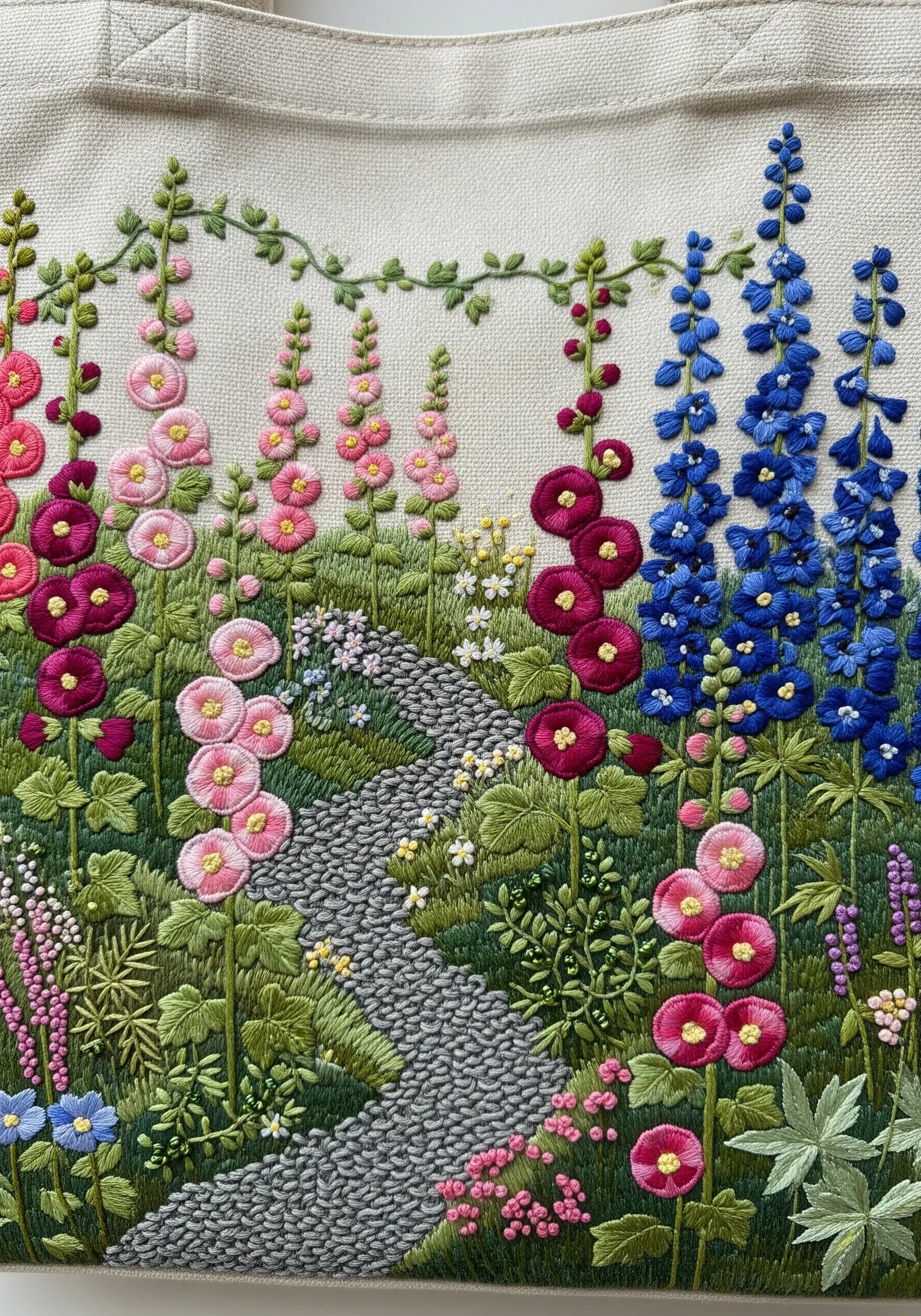 A highly detailed, dense embroidery of a cottage garden path with hollyhocks and delphiniums