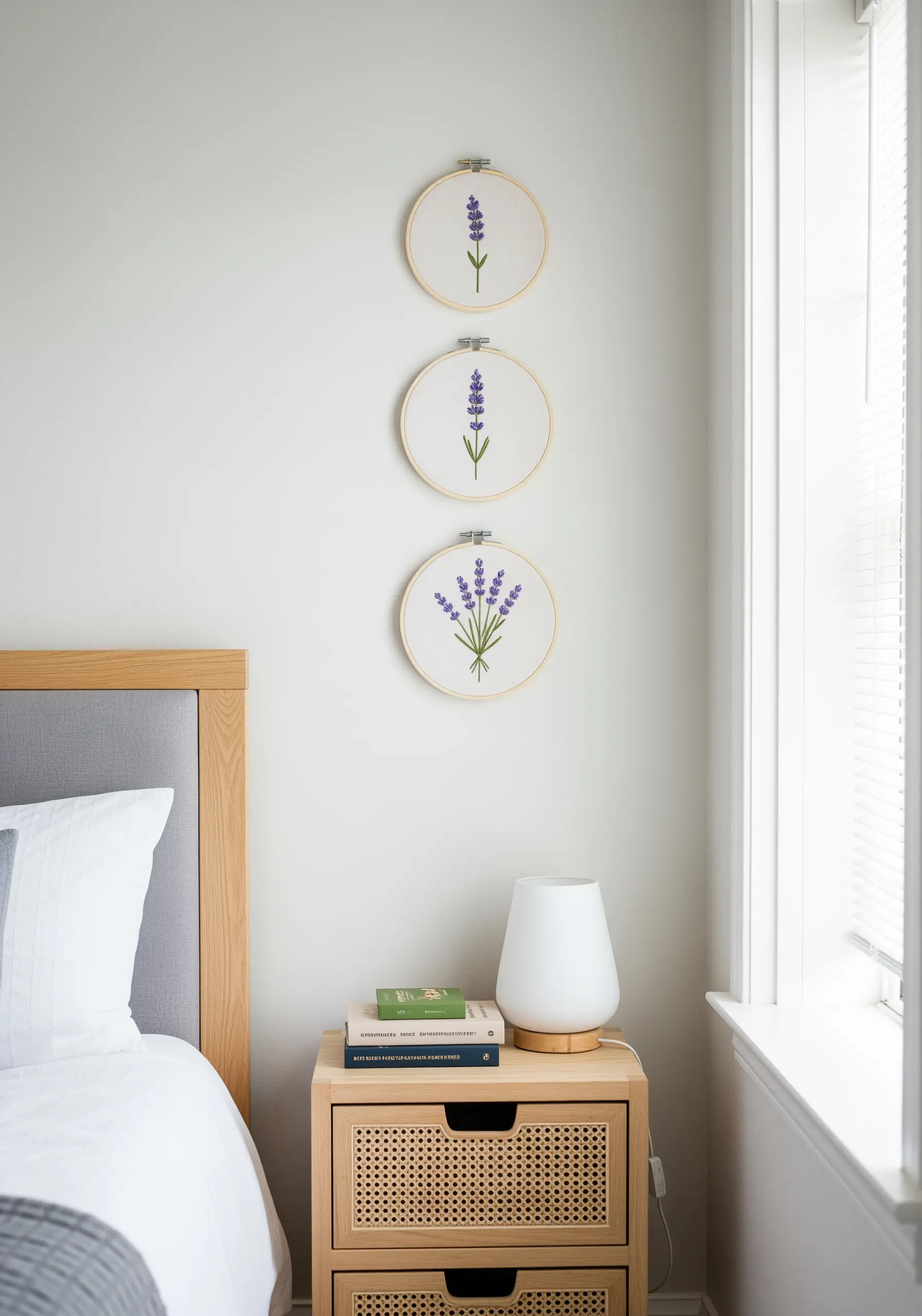 A vertical triptych of three embroidery hoops showing the progression of a lavender sprig.