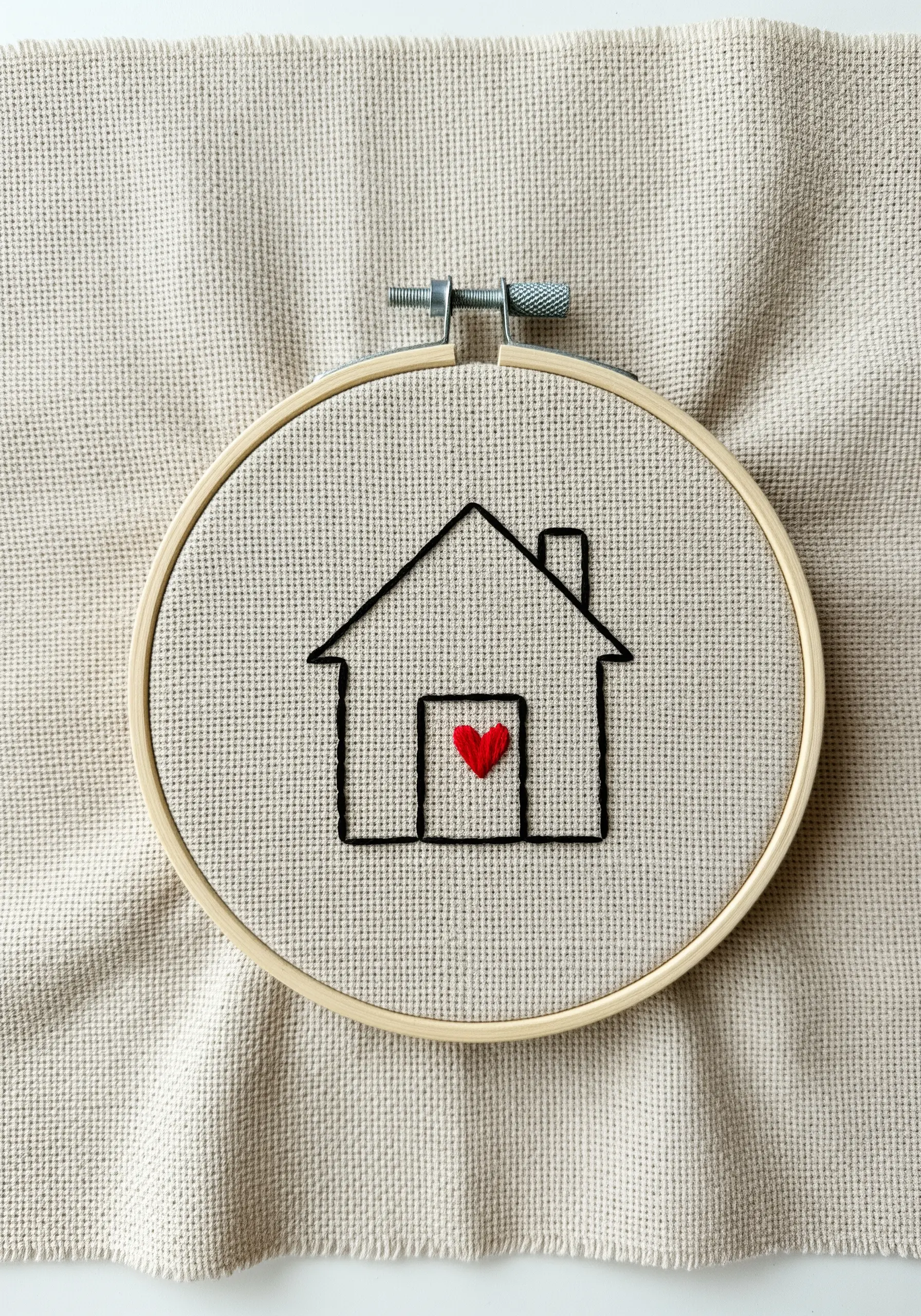 A simple black outline of a house with a small, vibrant red satin-stitched heart.