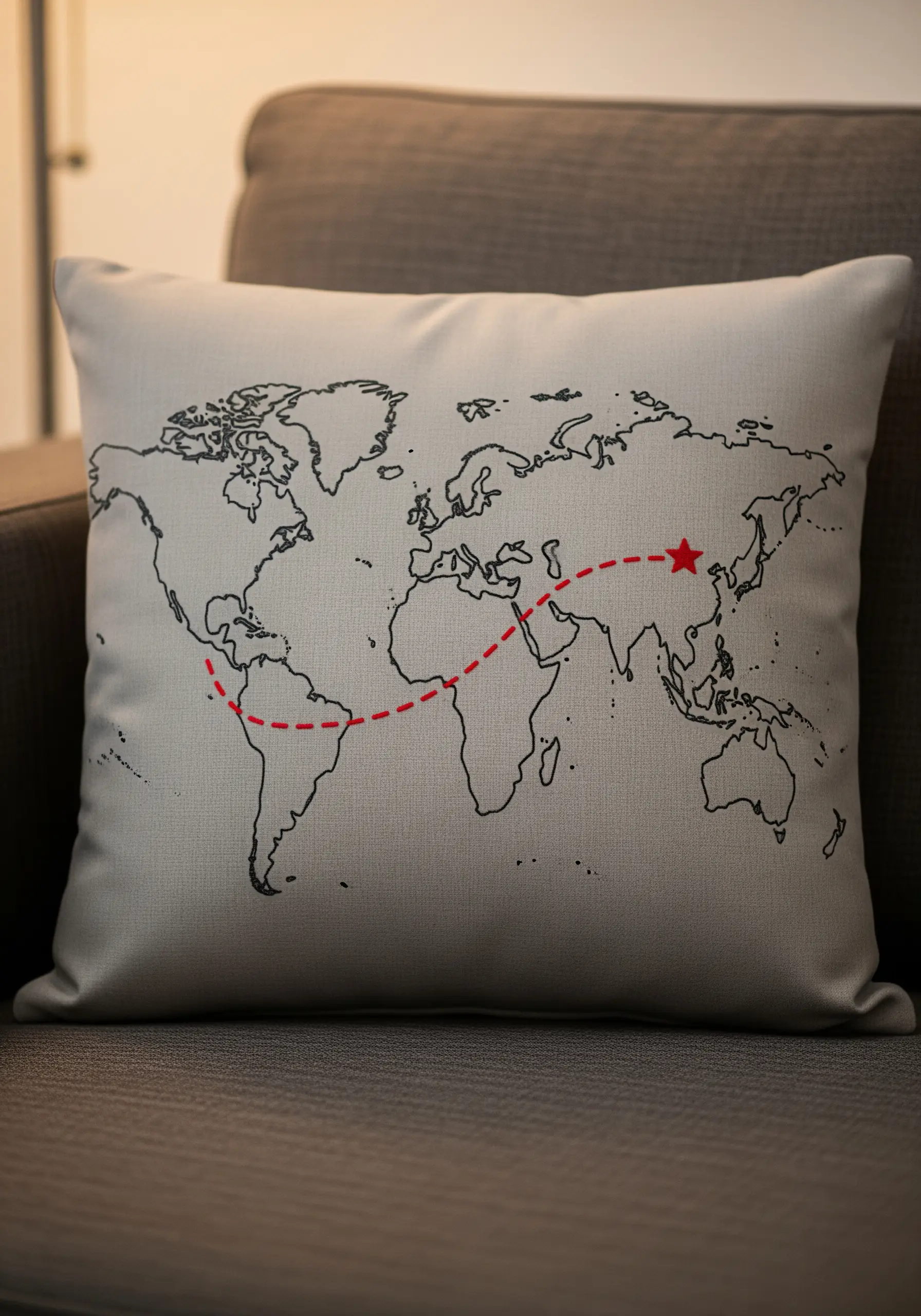 A world map embroidered in black on a pillow, with a red dotted line showing a travel route.